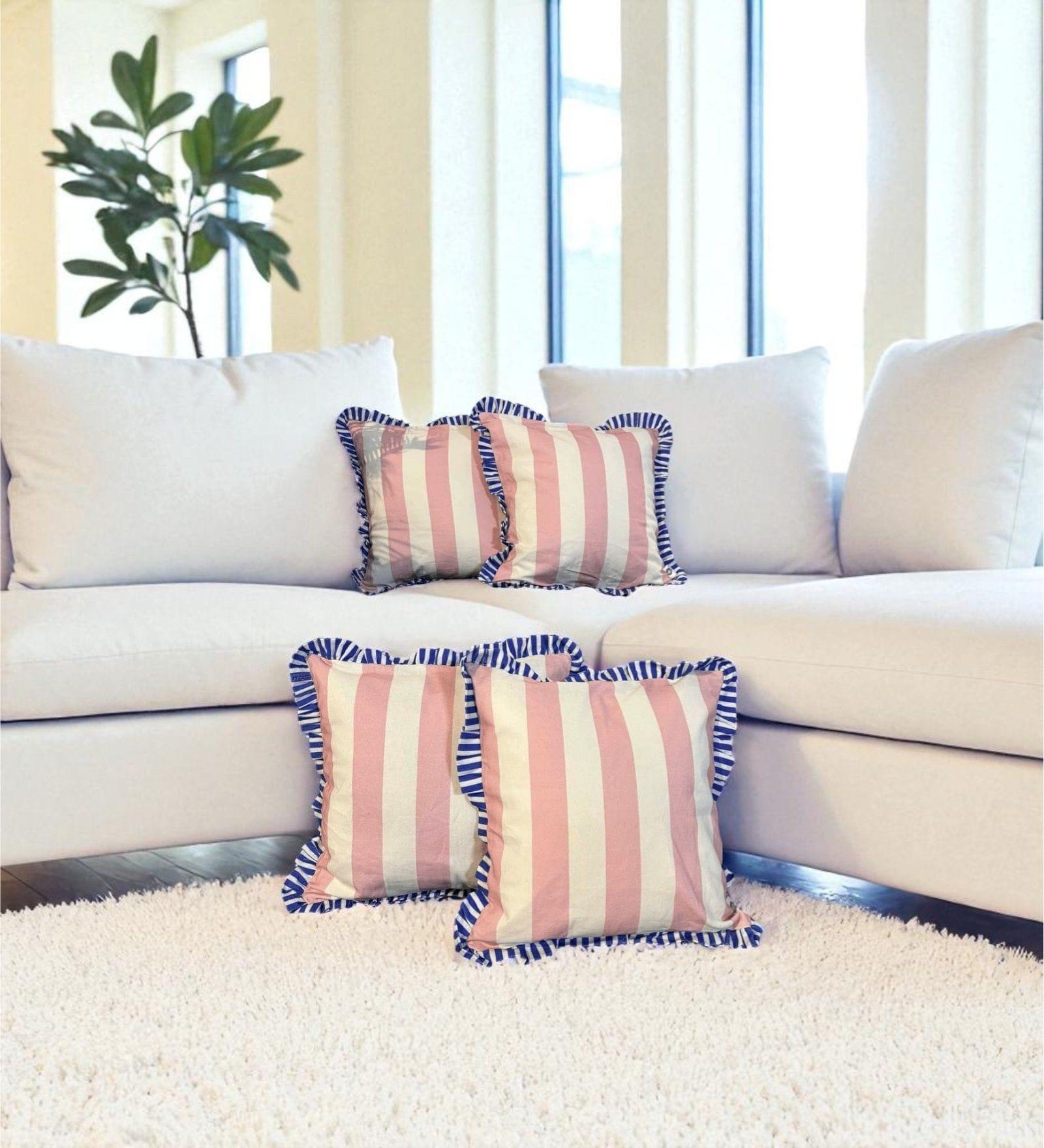 Beige Striped Striped Cotton Ruffle 18x18 inches Cushion Covers Set of 4