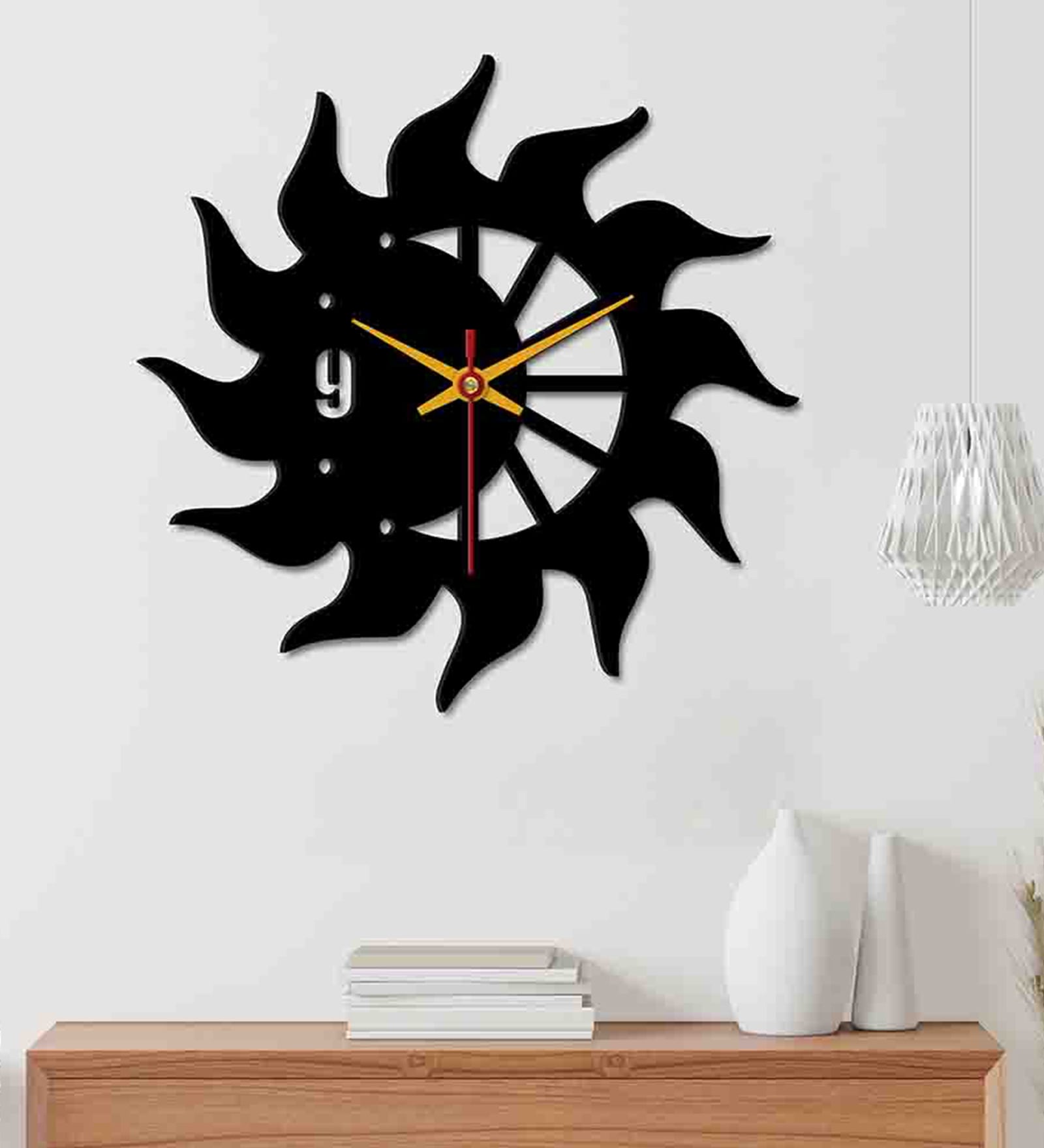 Sun Flames Black Wood & Mdf Wall Clock