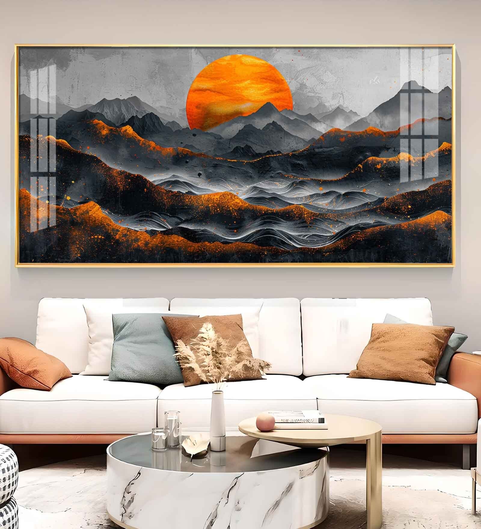 Sun Rise In Black Mountain Glass Finish Horizontal Wall Art