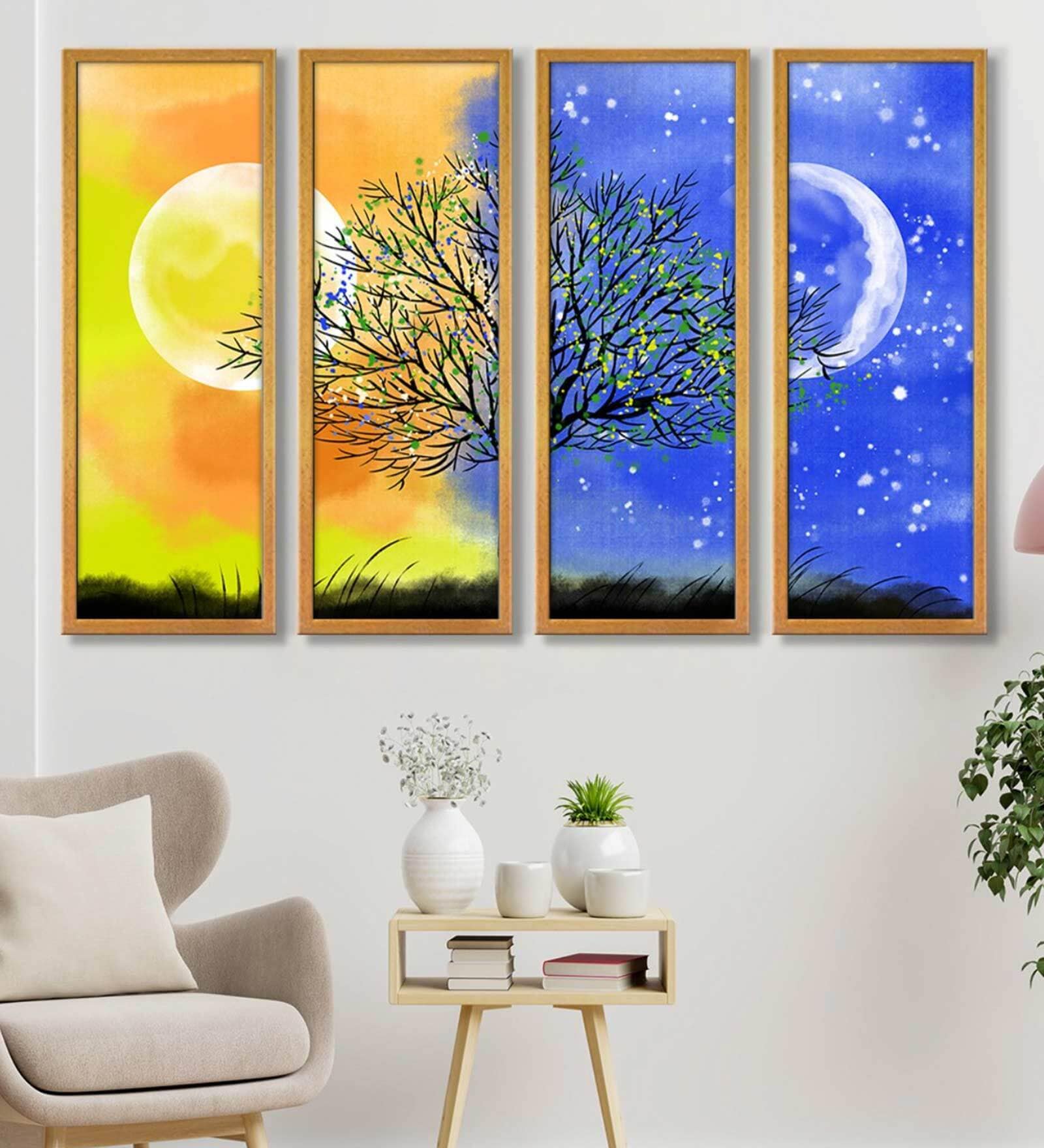 Sun Tree Multicolour Canvas Framed Landscape Art Panel Set of 4