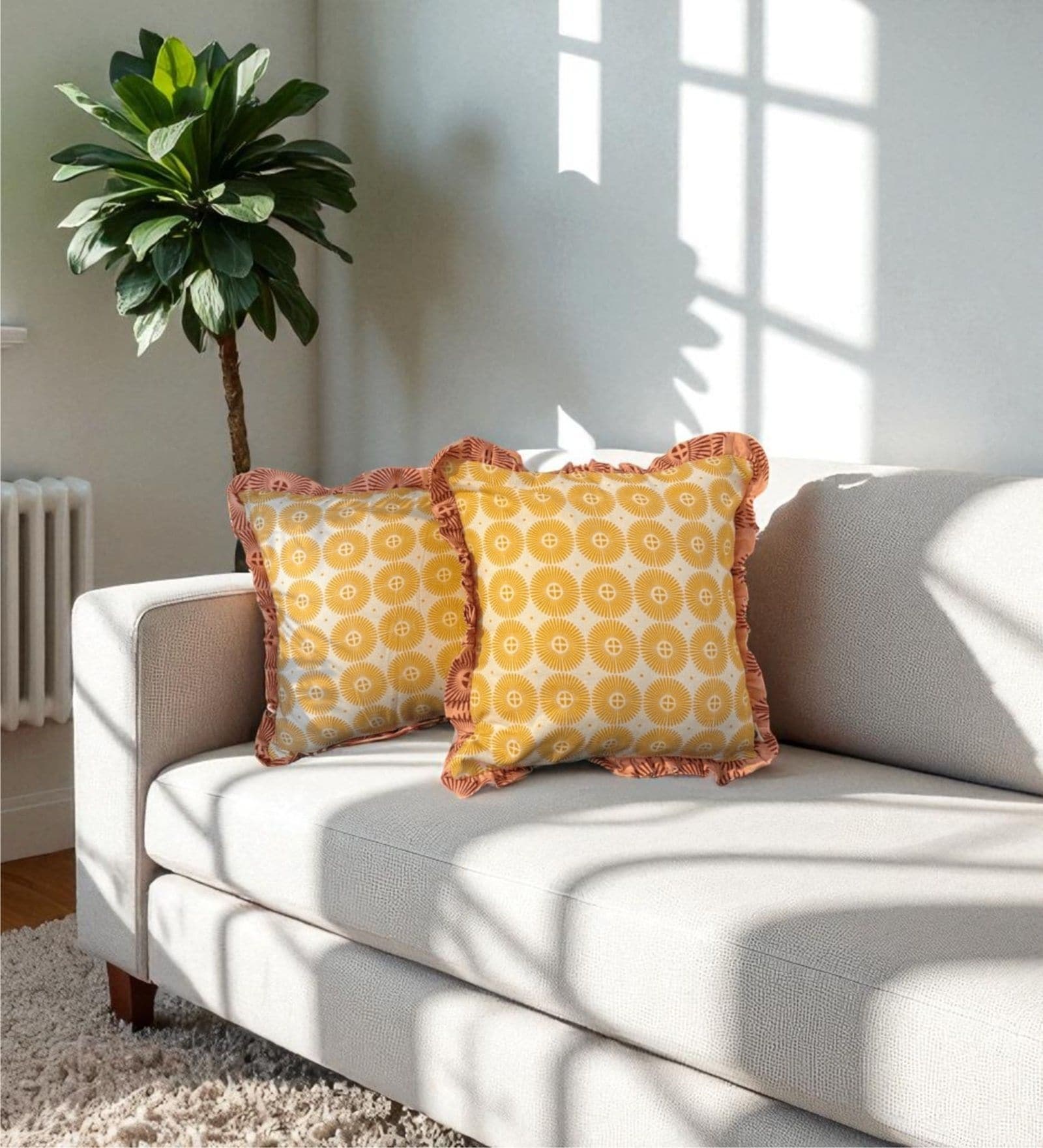 Yellow Floral Cotton Ruffle 18x18 inches Cushion Covers Set of 2