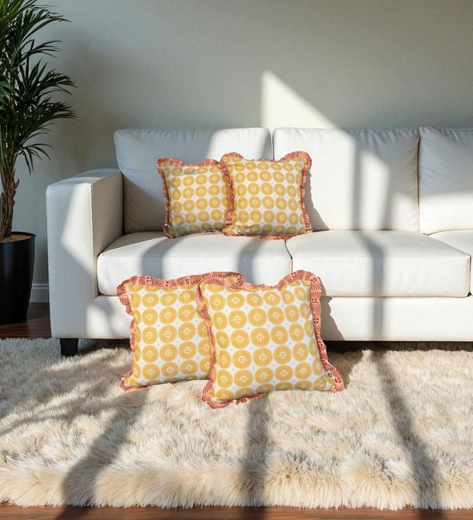 Yellow Floral Cotton Ruffle 18x18 inches Cushion Covers Set of 4
