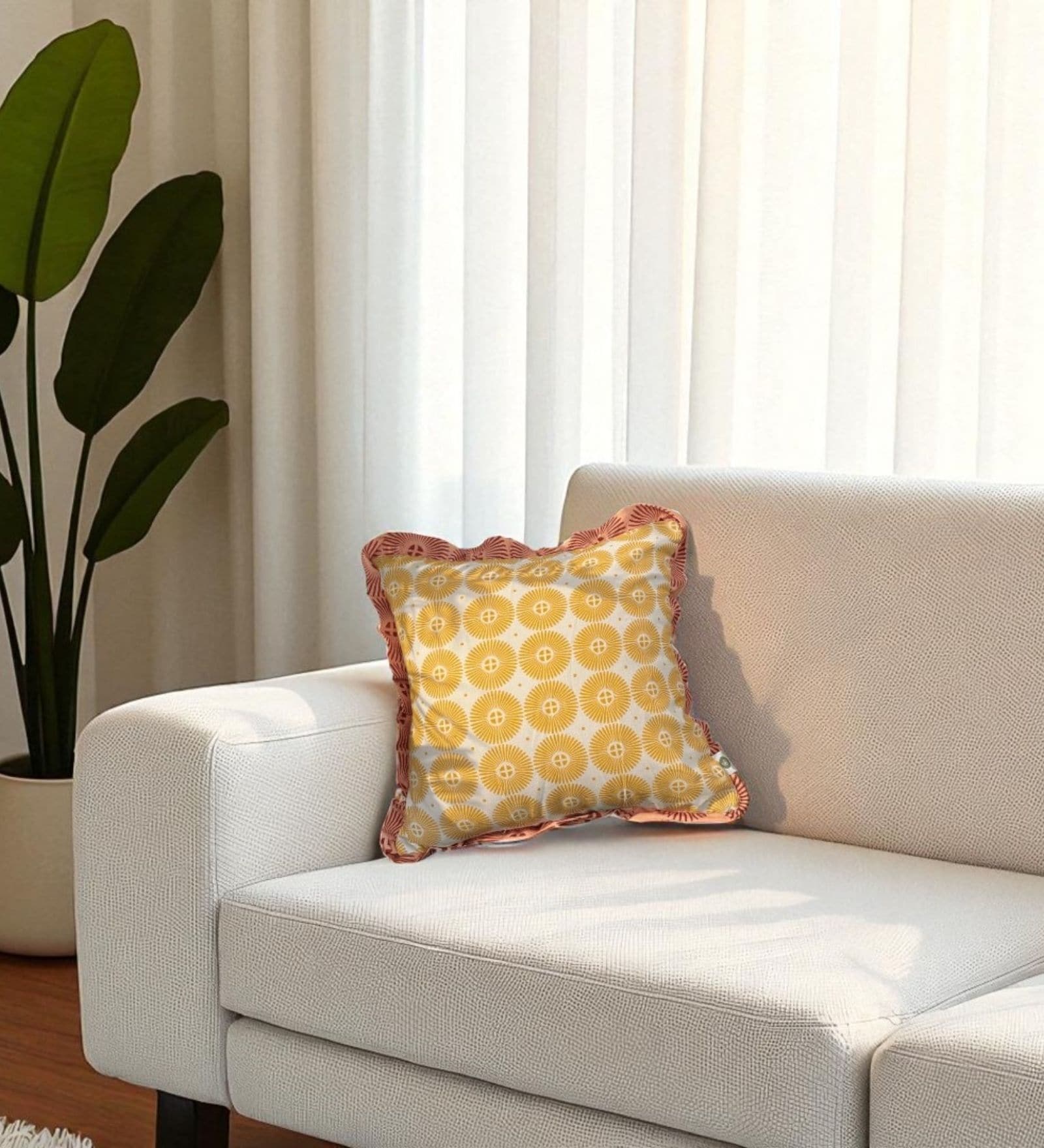 Yellow Floral Cotton Ruffle 18x18 inches Cushion Cover