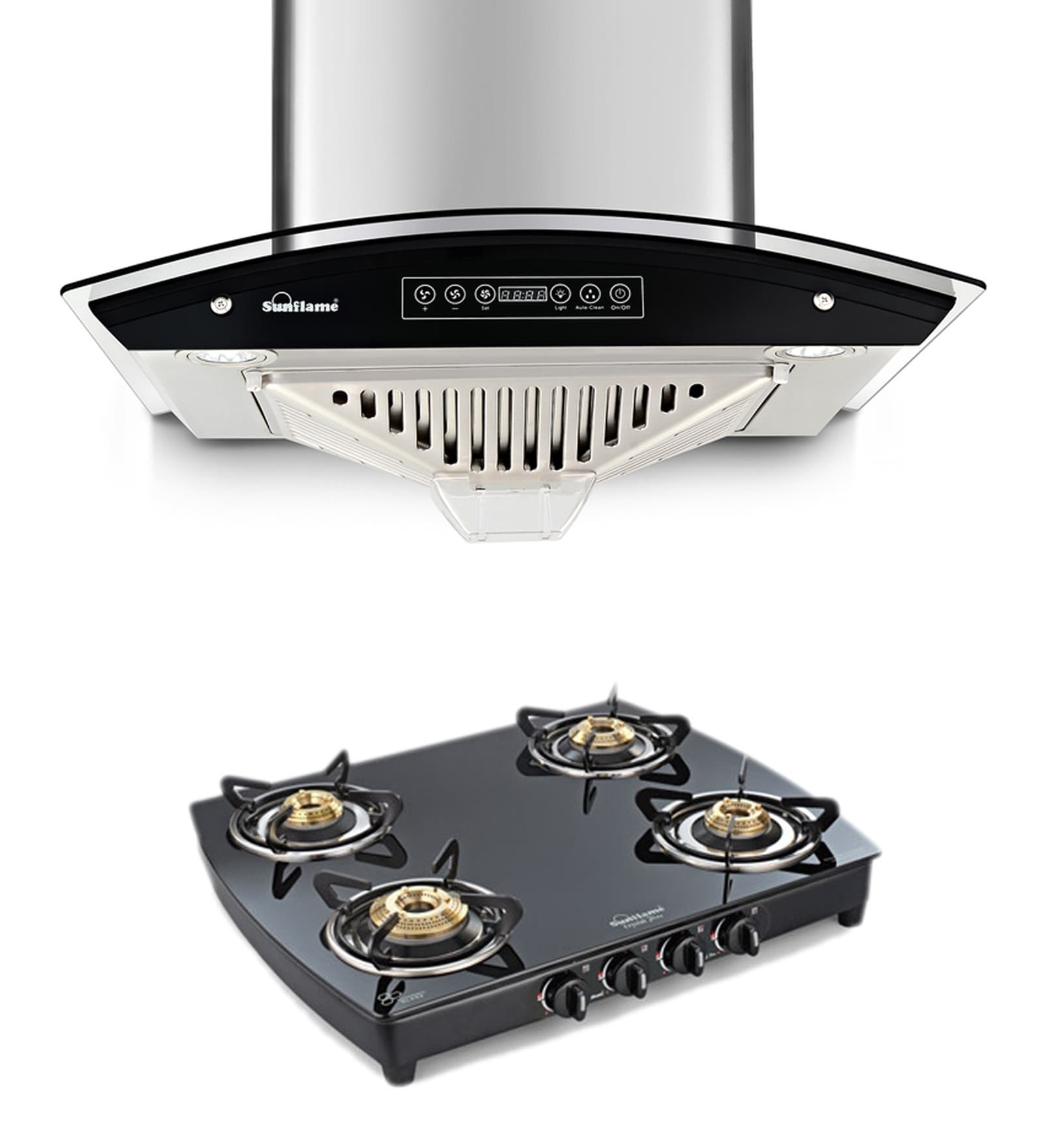 Sunflame Regal 60 cm Dry Auto Clean Hood Chimney & Crystal Plus Toughened Glass 4 Burner Auto Extra Spacious Cooktop