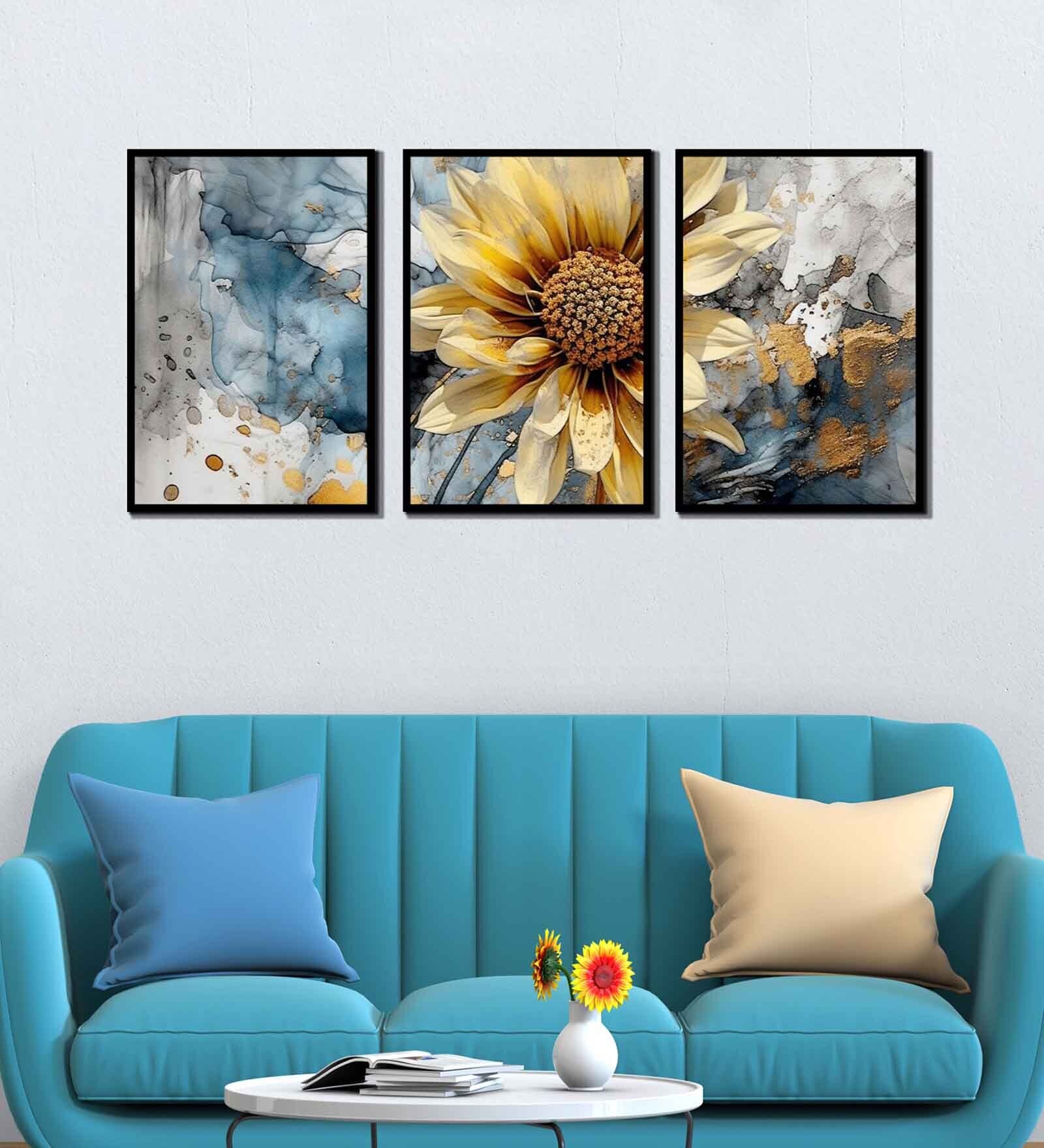 Sunflower Multicolour Canvas & MDF (Set of 3) Framed Art Panels