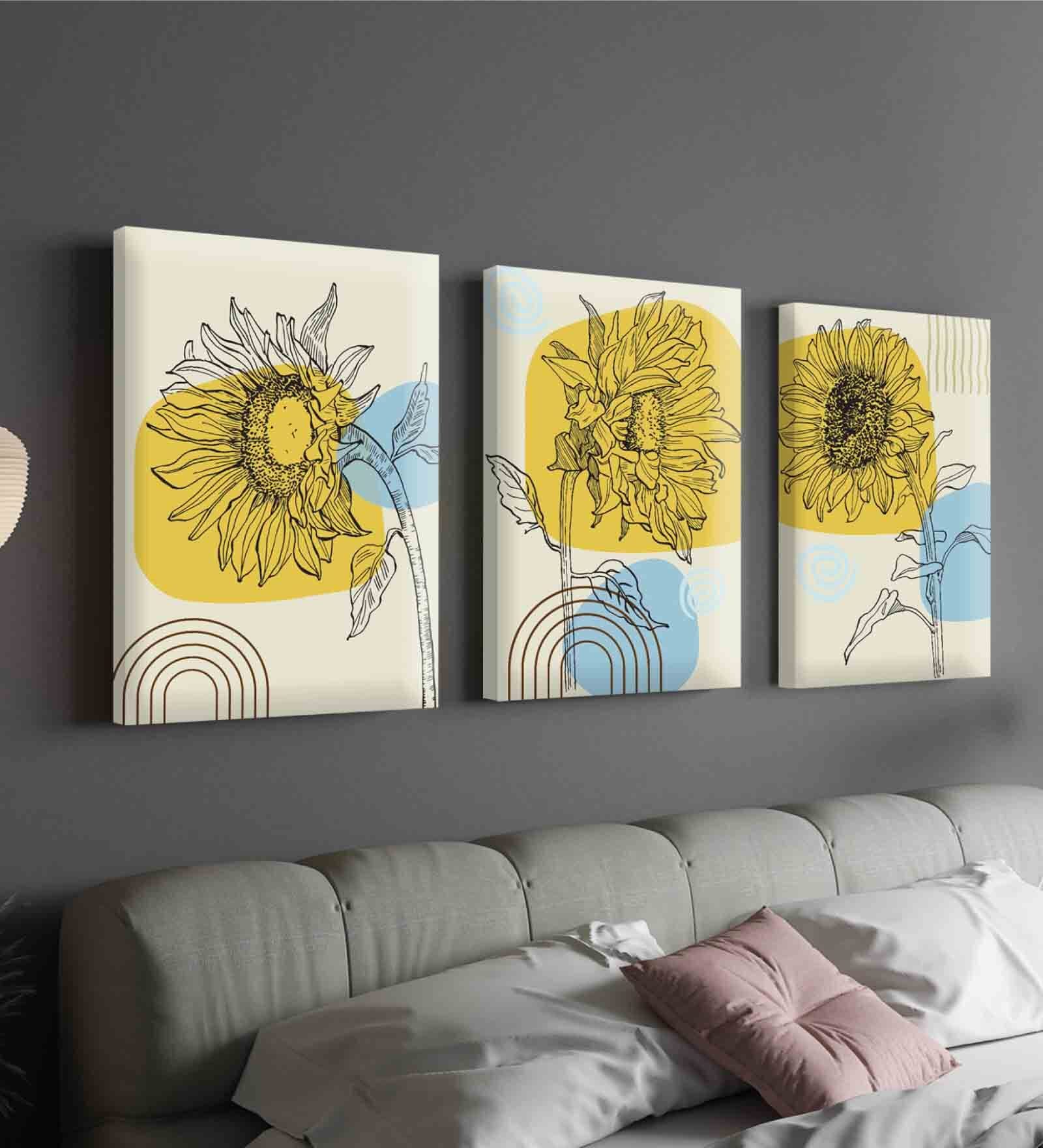 Sunflower Multicolour Engineered Wood (Set of 3) Art Panels