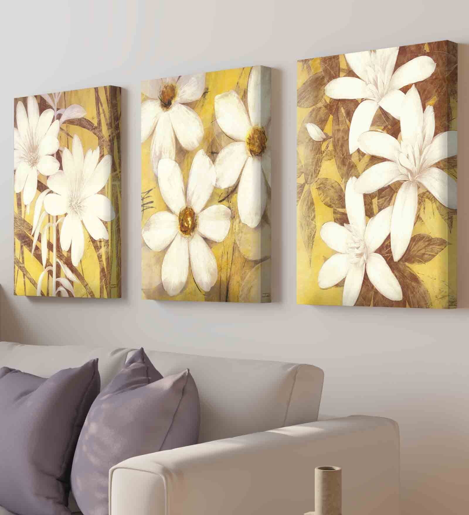 Floral White Engineered Wood (Set of 3) Art Panels