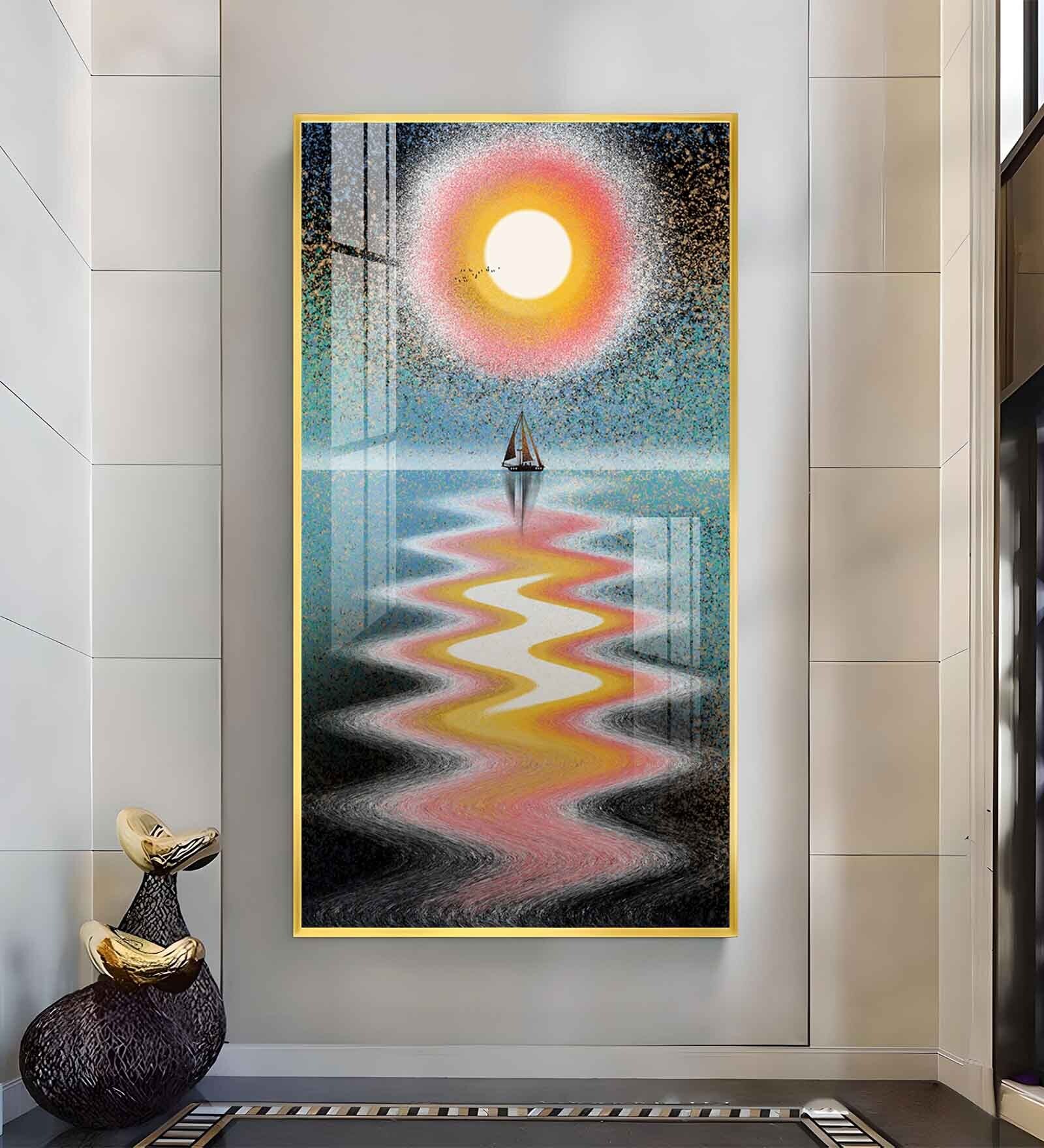 Sunlit Voyage Glass Finish Vertical Wall Art