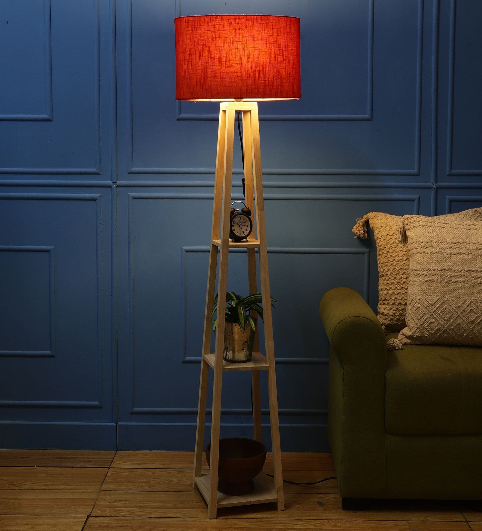 Sunny 3 Shelves Floor Lamp In Natural Wood Color Finish