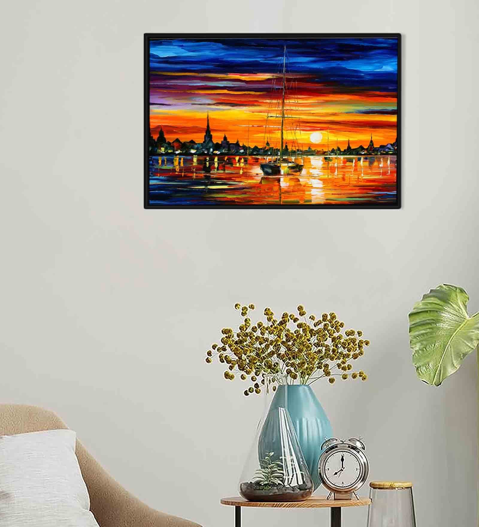 Sunset Seascape Multicolour Synthetic Wood Framed Canvas Wall Painting