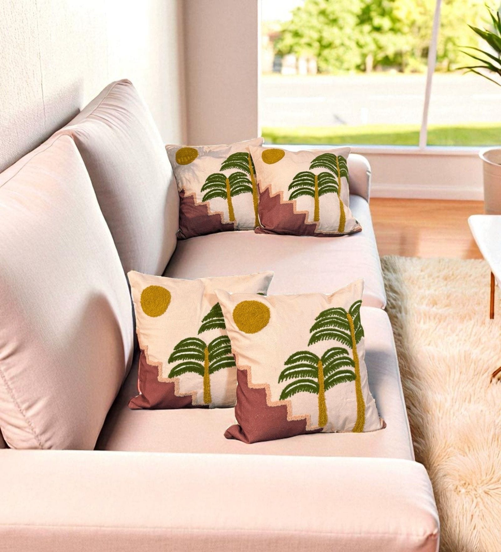 Brown Striped Cotton Embroidered 18x18 inches Cushion Covers Set of 4