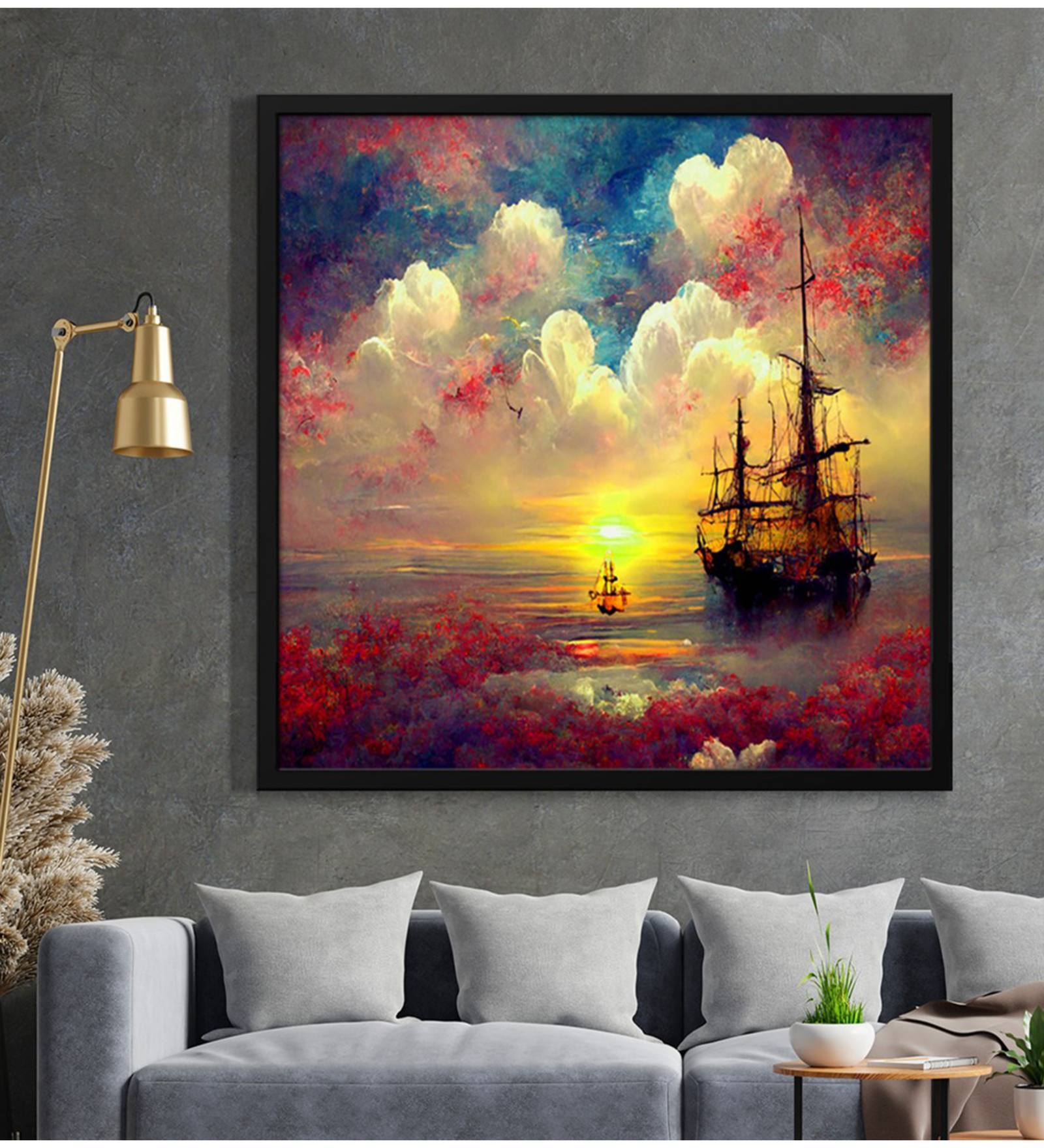 Sunset With Boat And Ship Modern Art Canvas Art Print