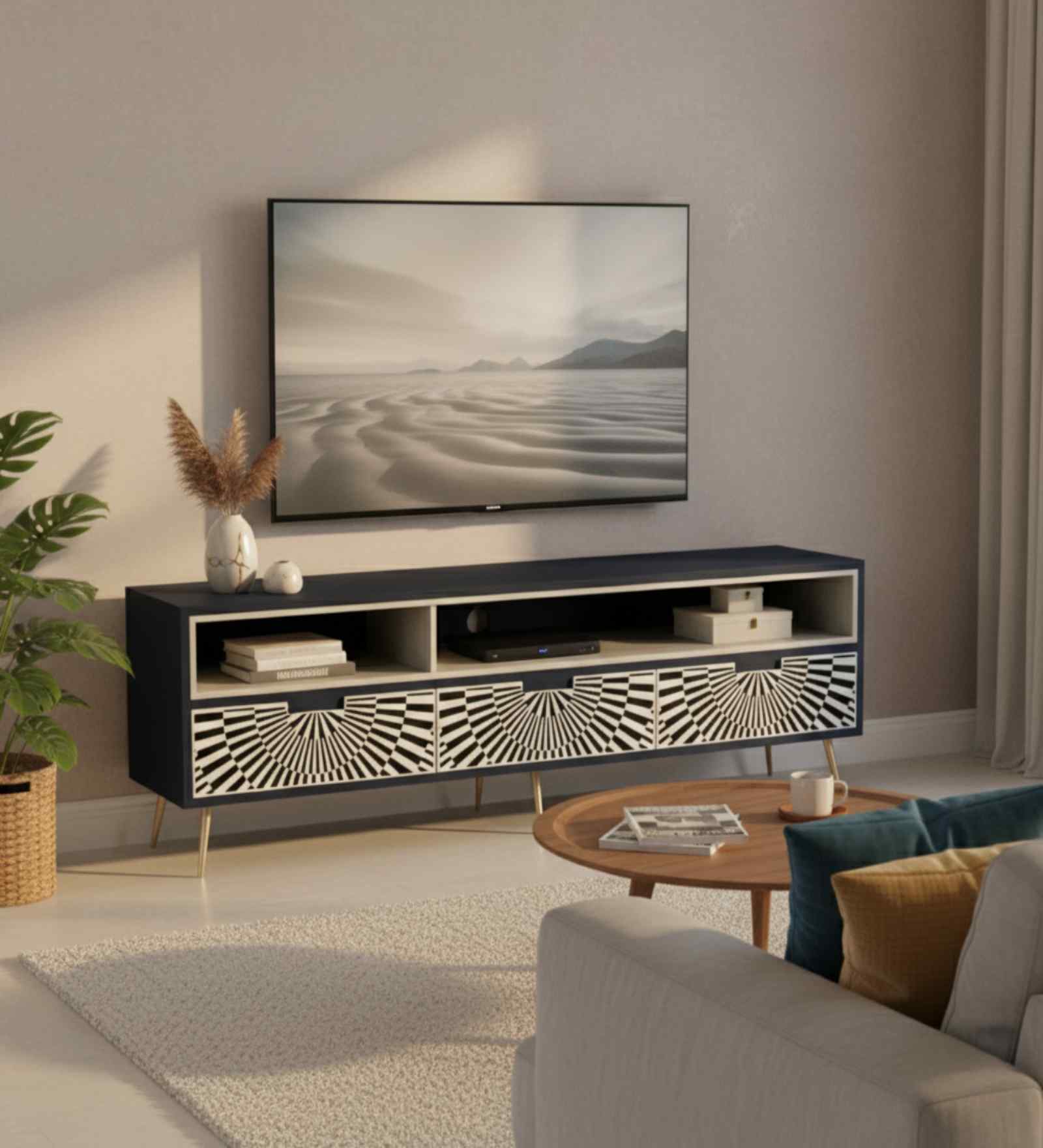 Sunstrike Bone Inlay TV Console In Indigo Colour