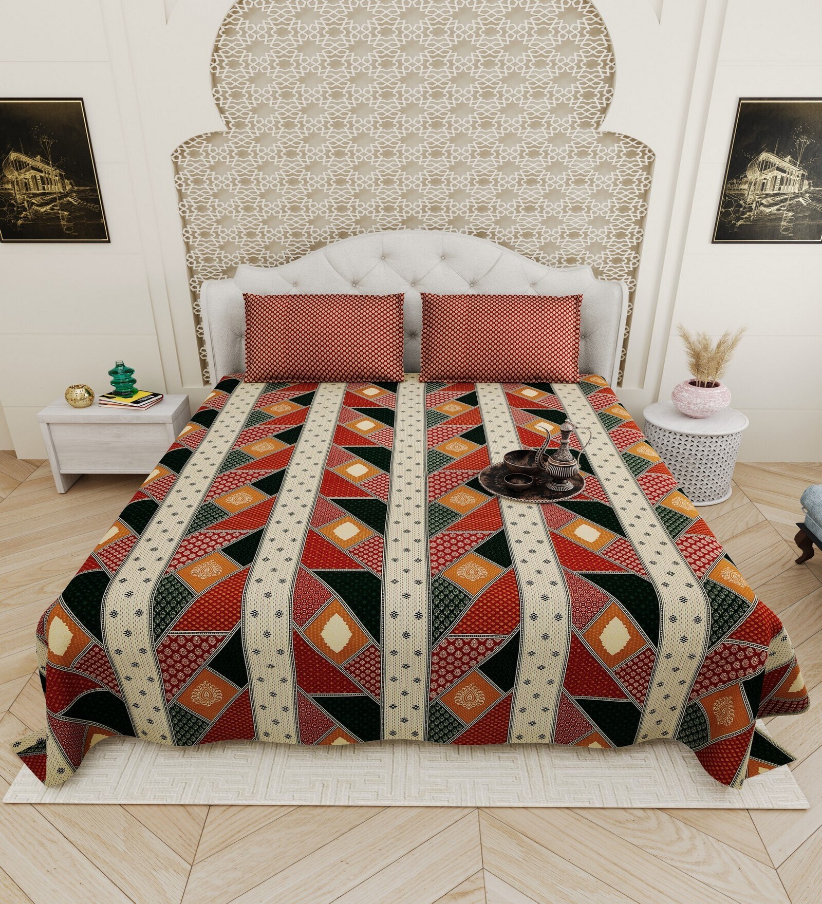 Orange Traditional print 144 TC Cotton King Size  Bedsheet With 2 Pillow Cover