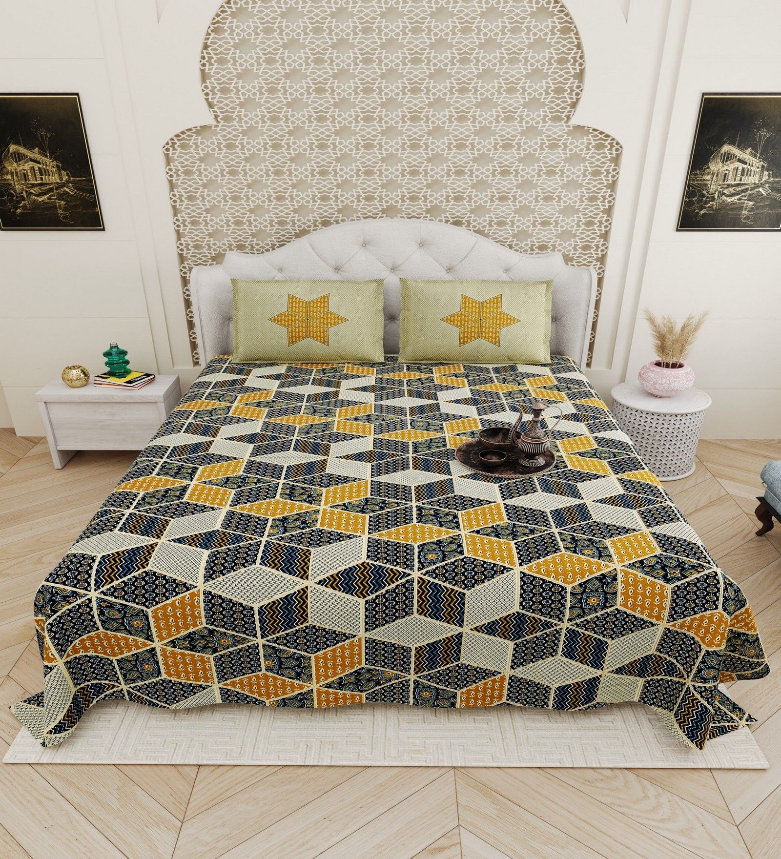 Grey And Yellow Traditional print 144 TC Cotton King Size  Bedsheet With 2 Pillow Cover