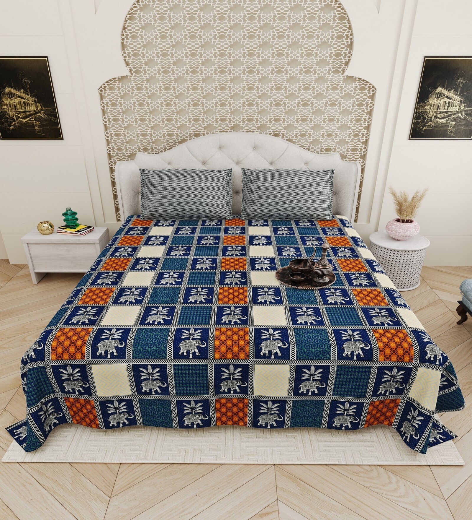 Blue Traditional print 144 TC Cotton King Size  Bedsheet With 2 Pillow Cover