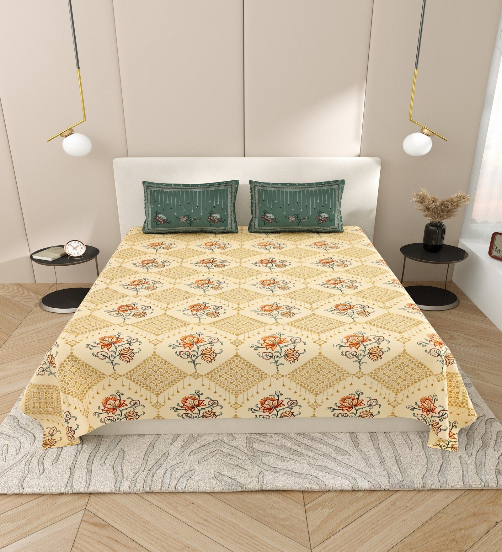 Yellow Floral 144 TC Cotton King Size  Bedsheet With 2 Pillow Cover