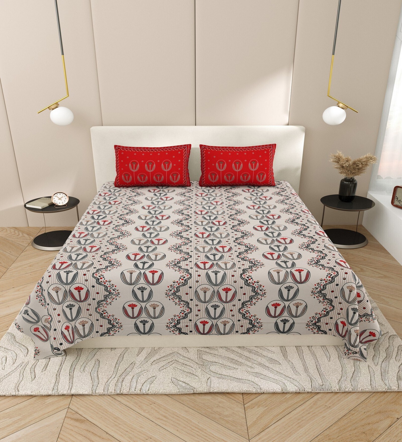 Grey And Red Floral 144 TC Cotton King Size  Bedsheet With 2 Pillow Cover