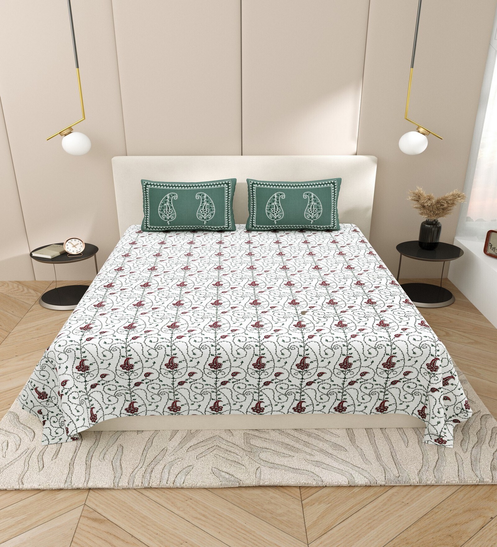 Green Block Print  144 TC Cotton King Size  Bedsheet With 2 Pillow Cover