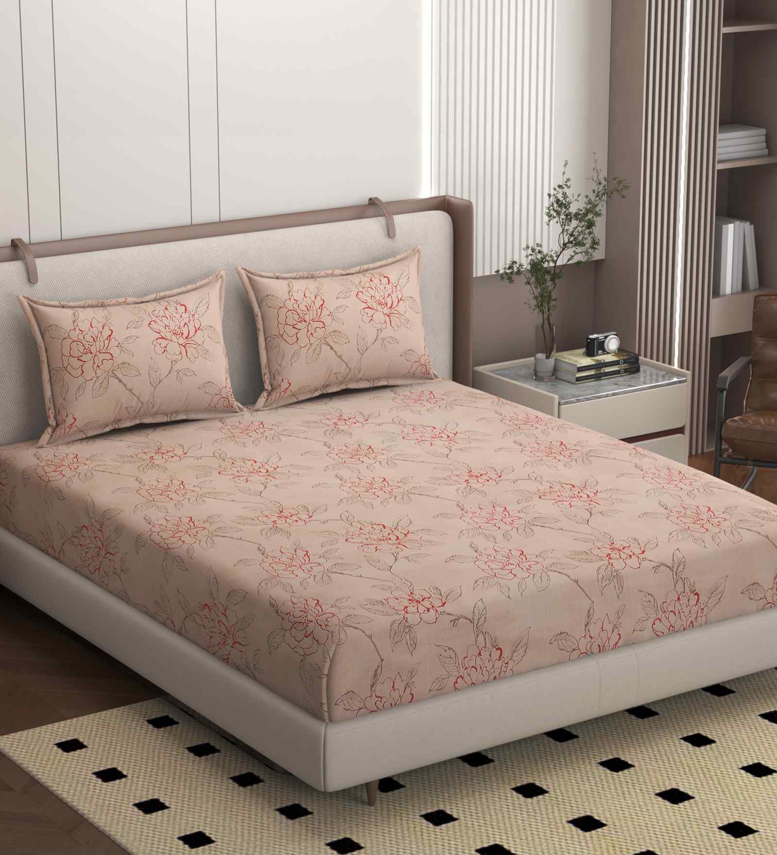 Pink 250 Tc Cotton Fitted Bedsheet With 2 Pillow Covers