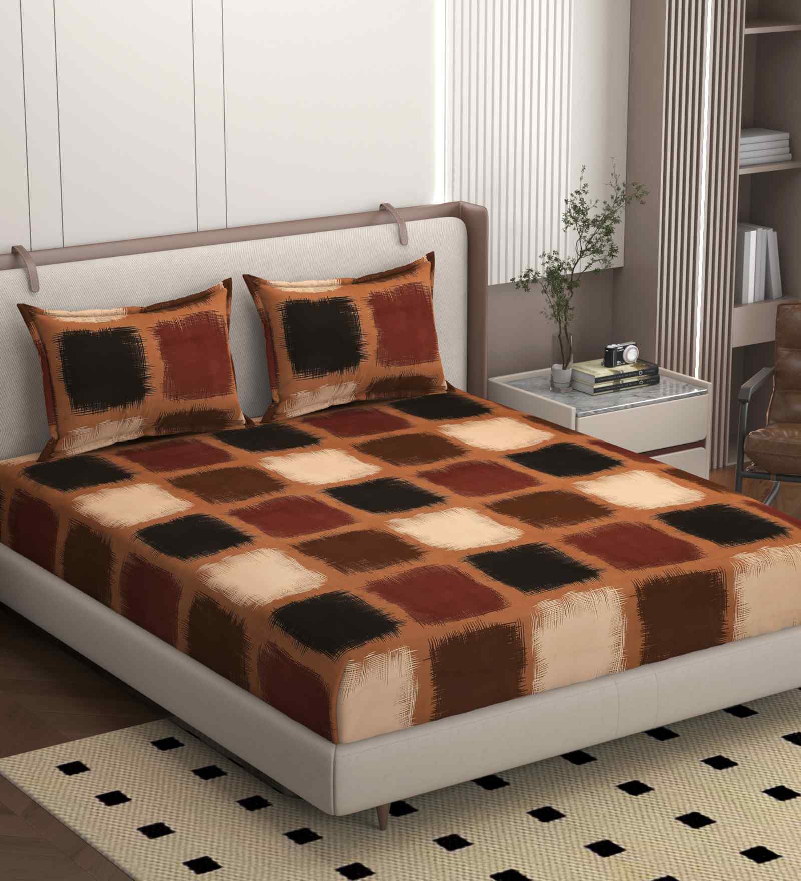 Brown 250 Tc Cotton Fitted Bedsheet With 2 Pillow Covers