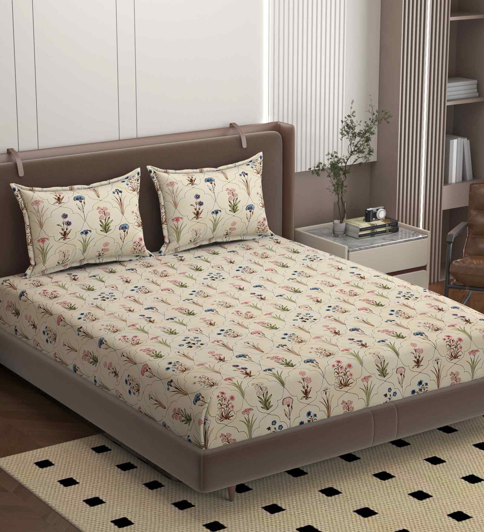 Cream 250 Tc Cotton Fitted Bedsheet With 2 Pillow Covers