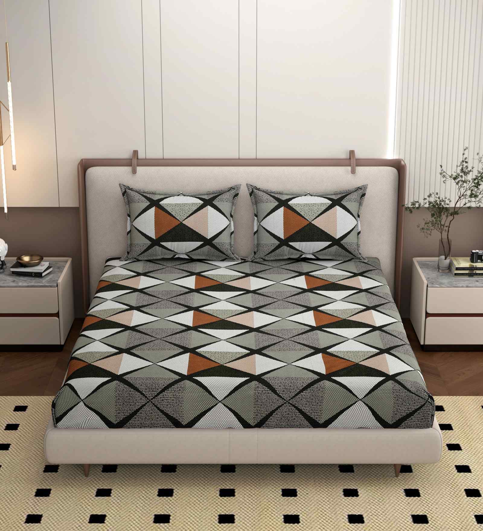 Grey 250 Tc Cotton Fitted Bedsheet With 2 Pillow Covers