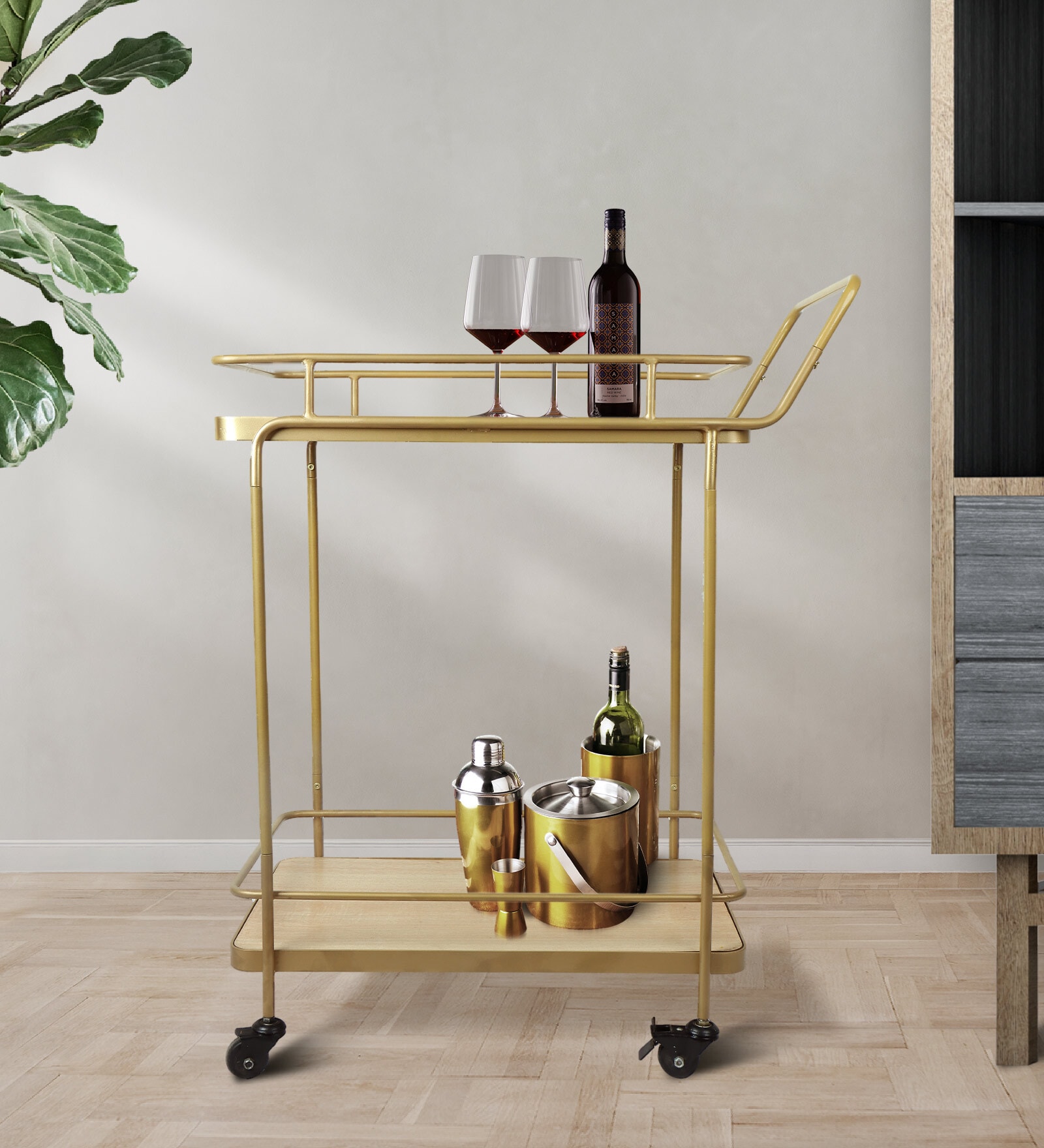 SuperNova Metal Bar Trolley In Gold Finish With Wood