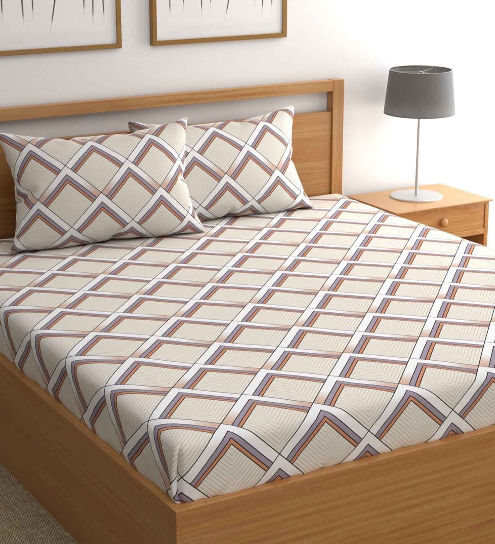 Buy Beige Geometric 210 TC Microfiber Queen Sized Bed Sheets with 2
