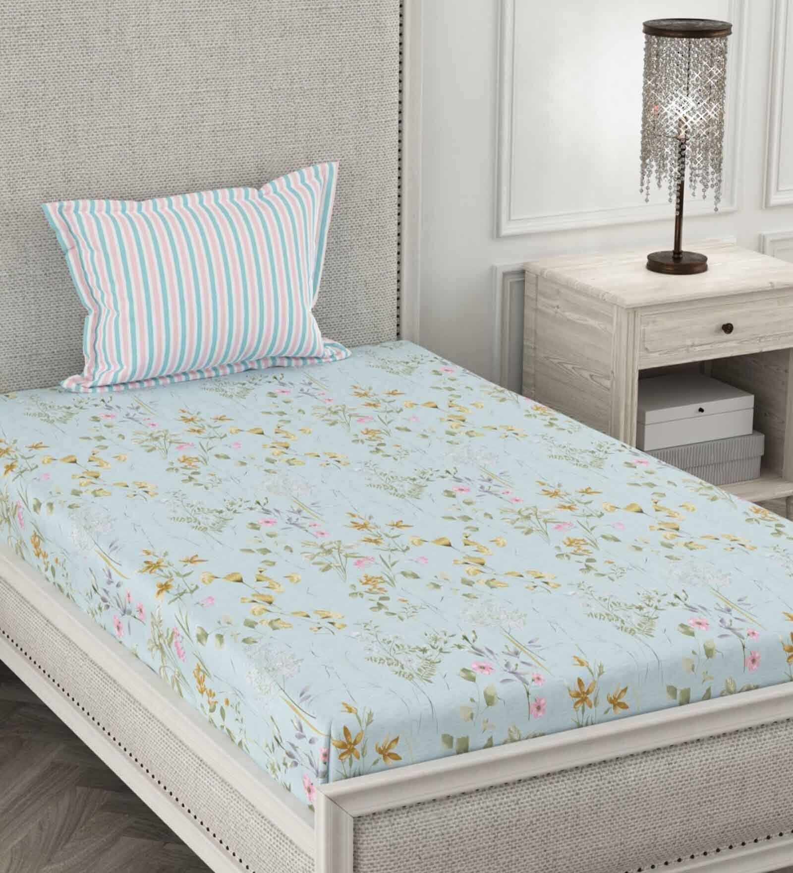 Blue Floral 210 TC Microfiber Single Bed Sized Bed Sheets With 1 Pillow Cover