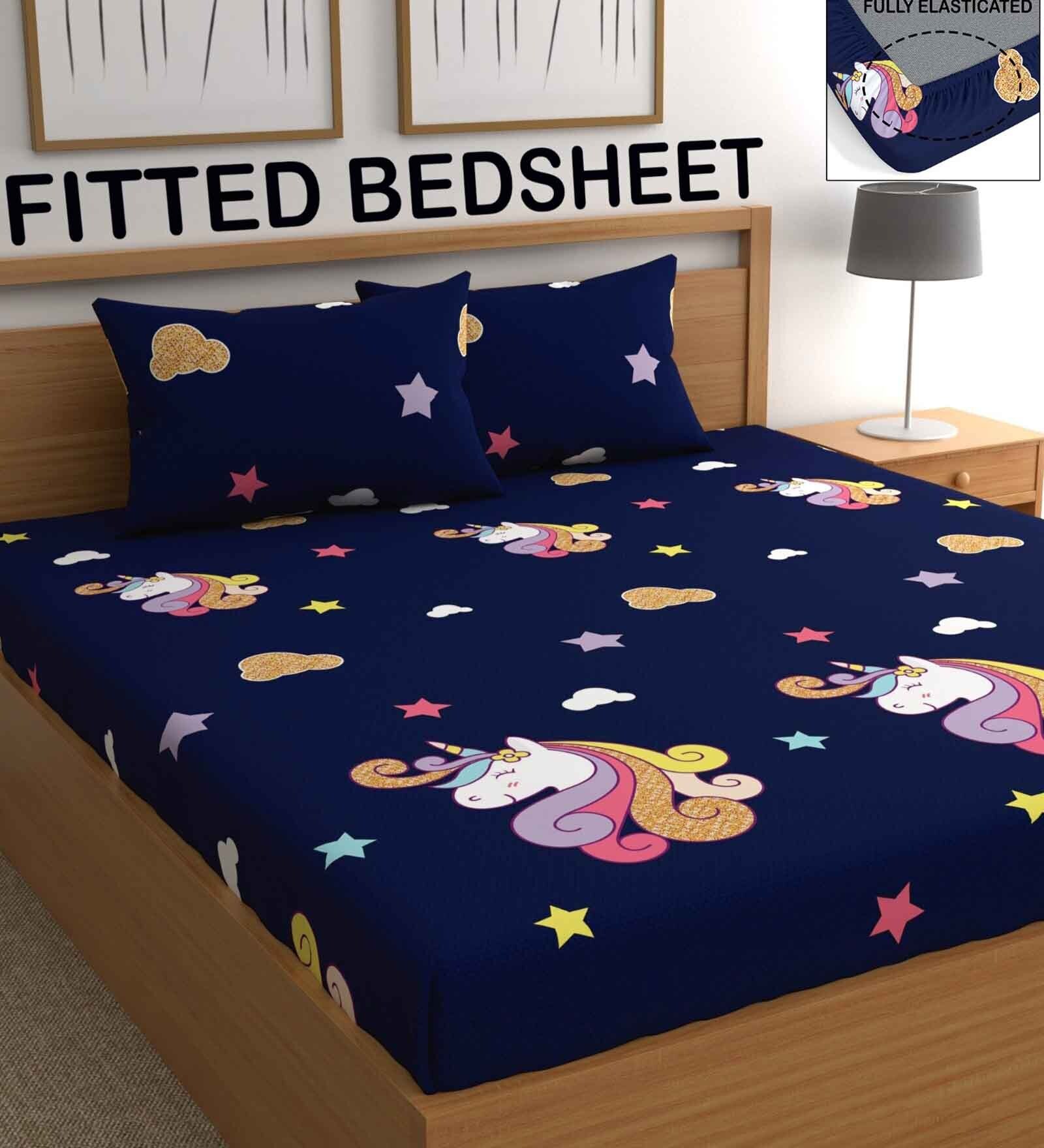 Buy Blue Unicorn Print 210 TC Microfiber Fitted Double Size Bedsheet