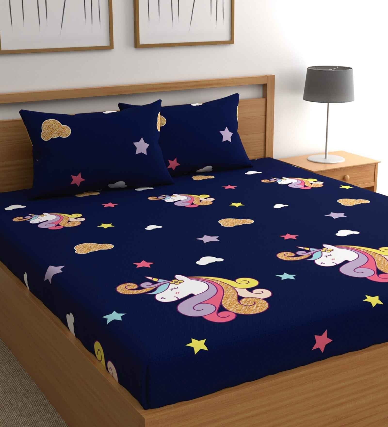 Buy Blue Unicorn Print 210 TC Microfiber Double Size Bedsheet With 2 ...