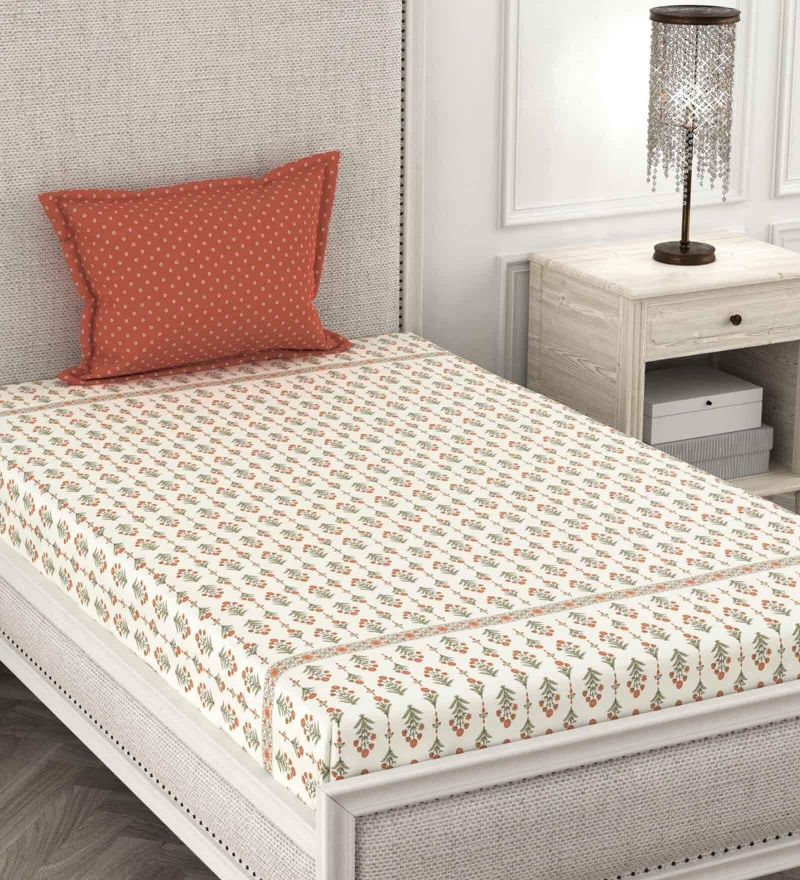 Cream Abstract 210 TC Microfiber Single Bed Sized Bed Sheets With 1 Pillow Cover