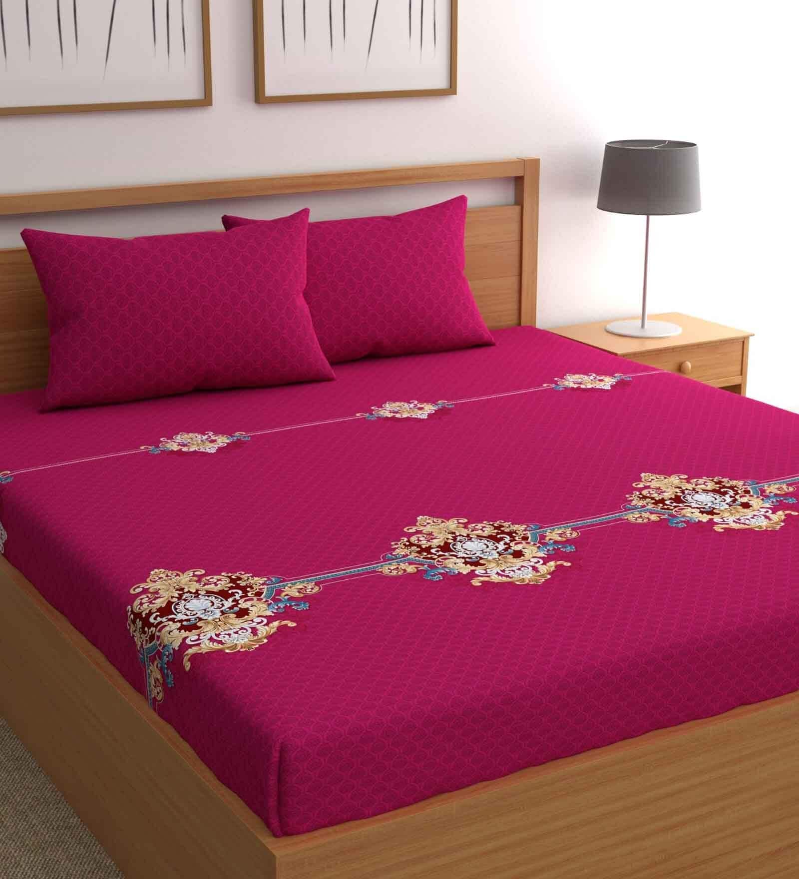 Buy Magenta Traditional 210 TC Microfiber Queen Sized Bed Sheets with 2