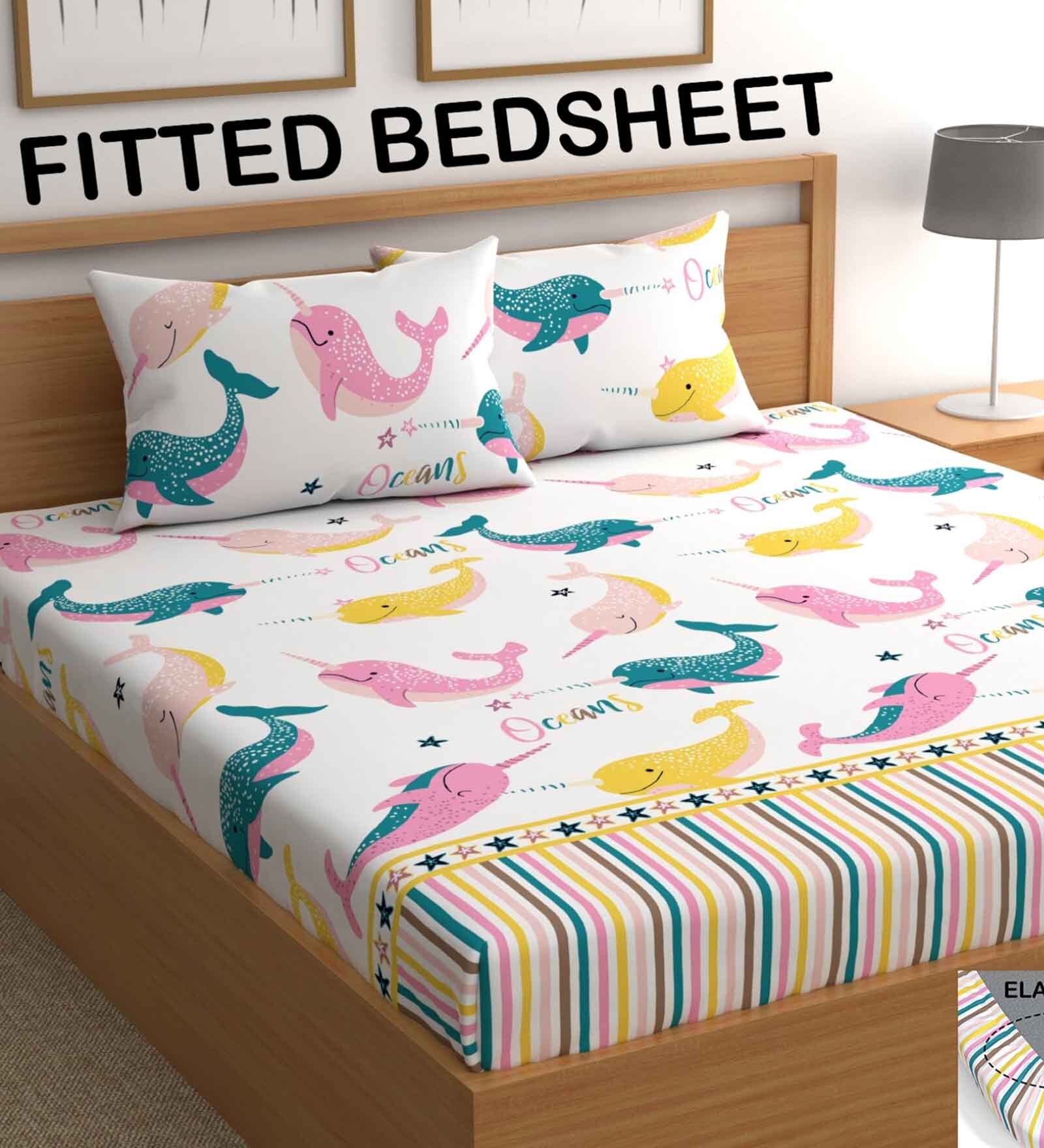 White Shark Print 210 TC Microfiber Fitted Double Size Bedsheet With 2 Pillow Covers