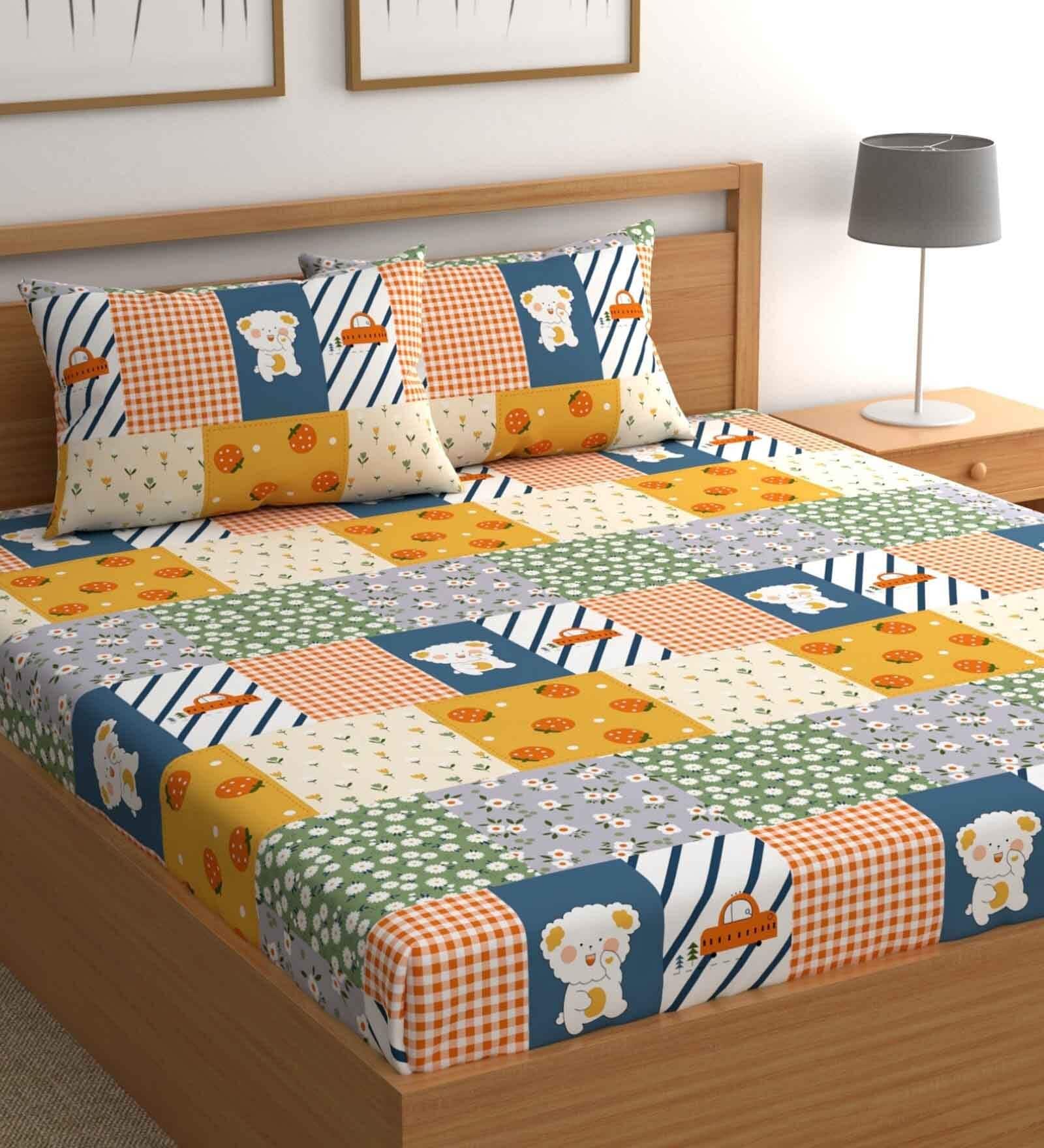 Multicolor Teddy Print 210 TC Microfiber Double Size Bedsheet With 2 Pillow Covers
