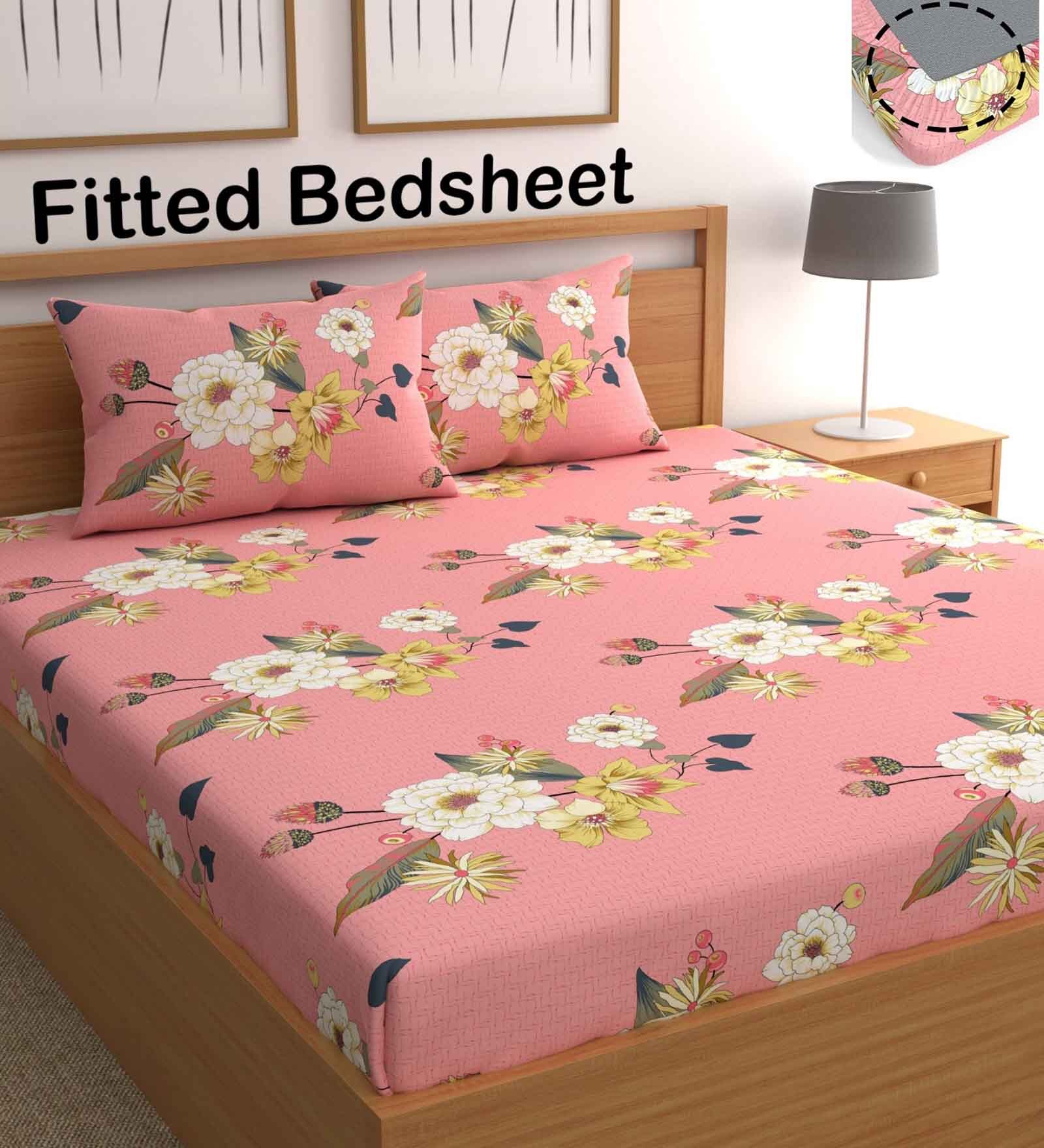 Buy Pink Floral 210 TC Microfiber Queen Sized Fitted Bed Sheets with 2