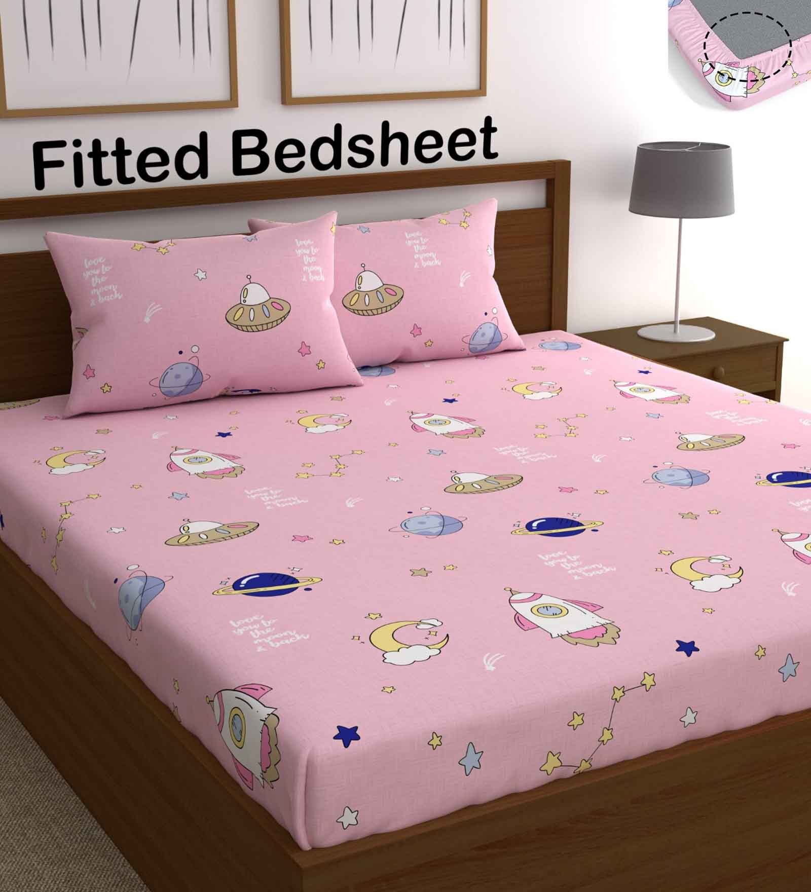 Pink Wildlife 210 TC Microfiber Fitted Double Size Bedsheet With 2 Pillow Covers