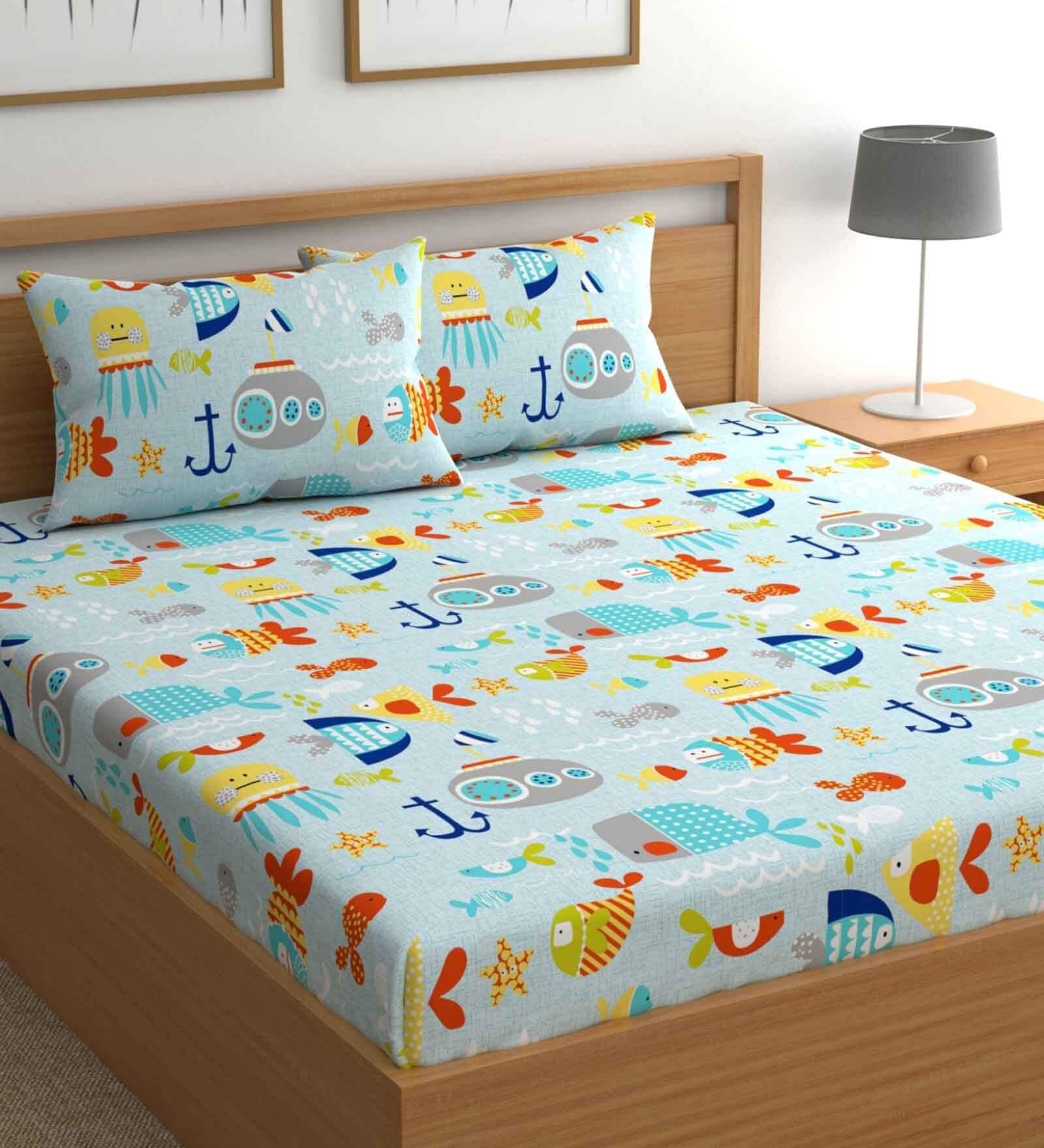 Blue Wildlife 210 TC Microfiber Double Size Bedsheet With 2 Pillow Covers