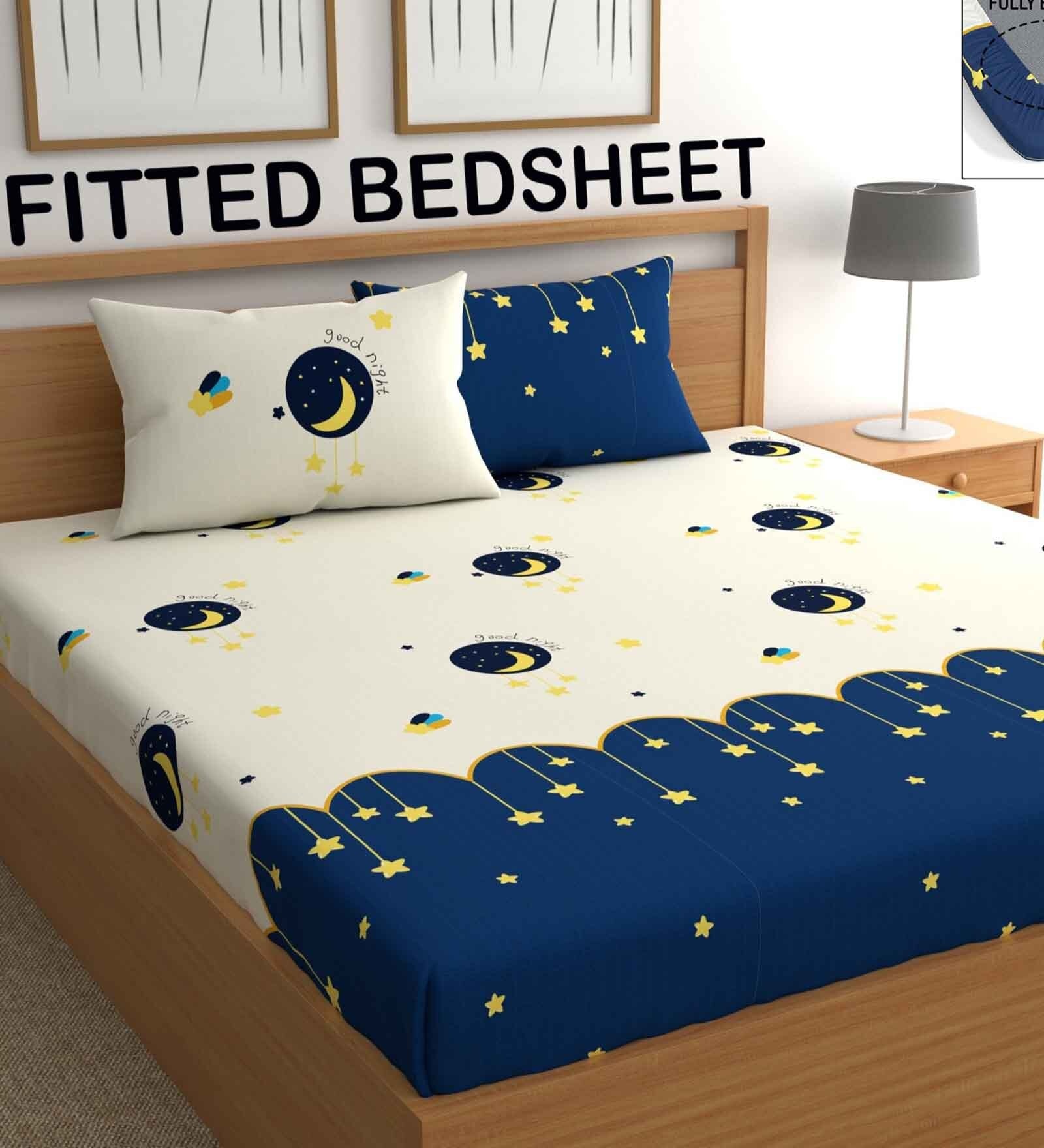 White & Blue Moon & Star 210 TC Microfiber Fitted Double Size Bedsheet With 2 Pillow Covers