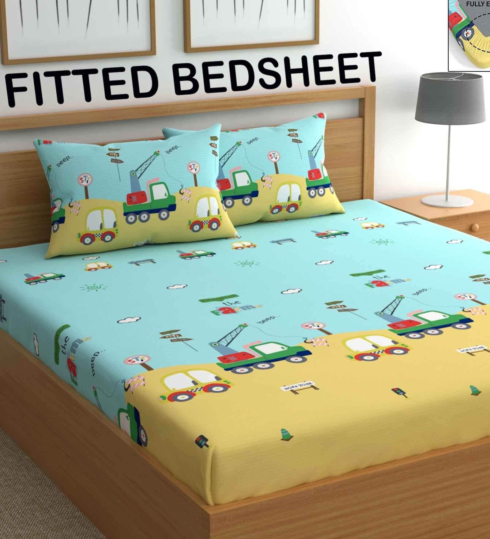Blue & Yellow Wildlife 210 TC Microfiber Double Size Bedsheet With 2 Pillow Covers