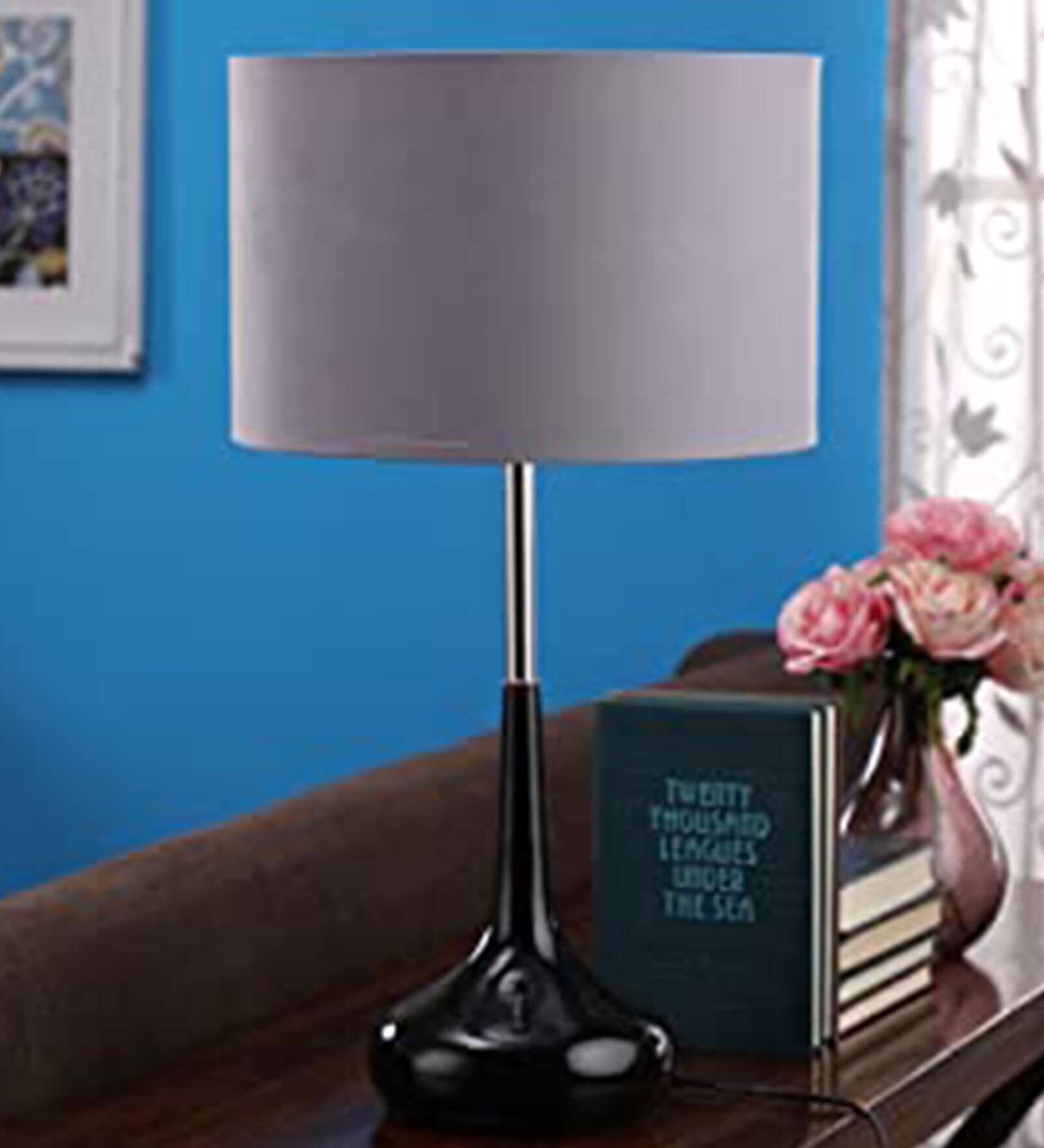 Surahi Grey Cotton Shade Table Lamp with Black & Silver Base