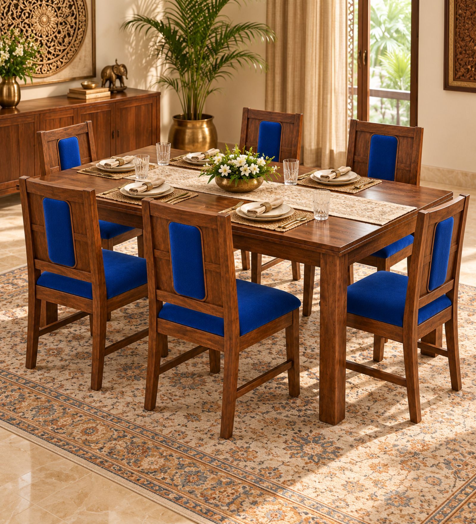 Sutra 6 Seater Dining Set In Provincial Teak Finish With Navy Blue Colour Chair Sutra 6 Seater Dining Set In Provincial Teak Finish With Navy Blue Colour Chair