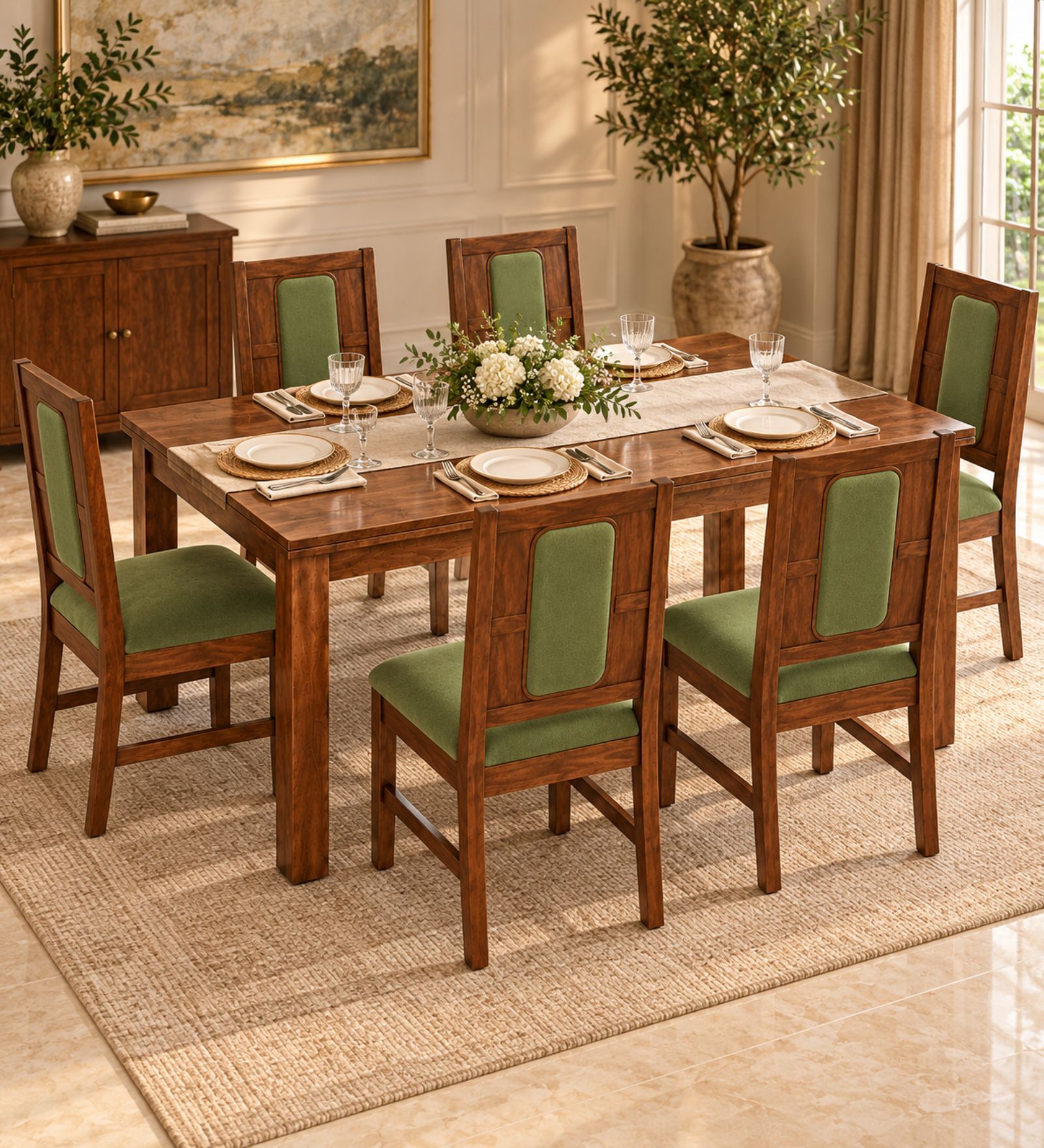 Sutra 6 Seater Dining Set In Provincial Teak Finish With Olive Green Colour Chair Sutra 6 Seater Dining Set In Provincial Teak Finish With Olive Green Colour Chair