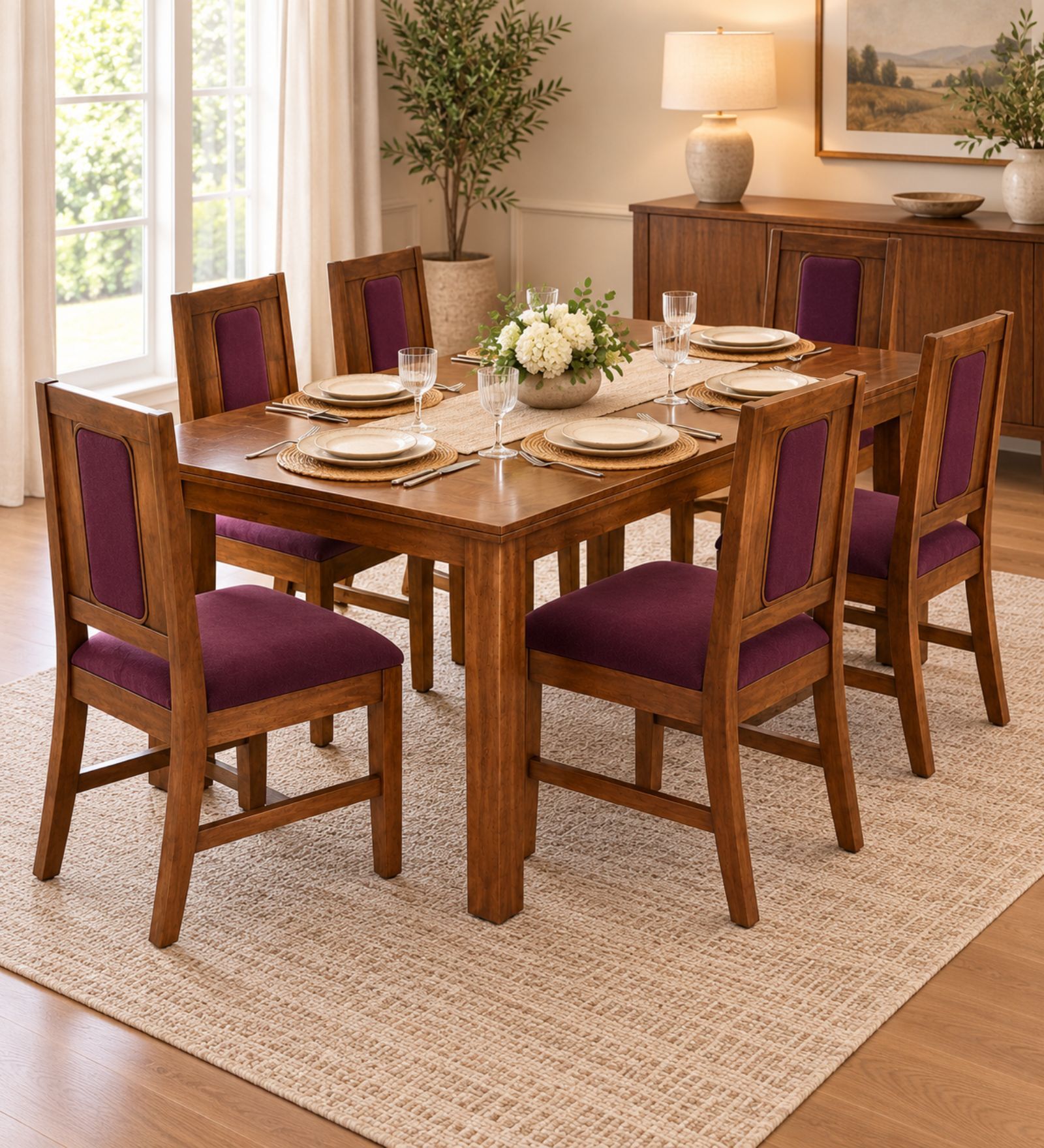 Sutra 6 Seater Dining Set In Provincial Teak Finish With Plum Colour Chair Sutra 6 Seater Dining Set In Provincial Teak Finish With Plum Colour Chair
