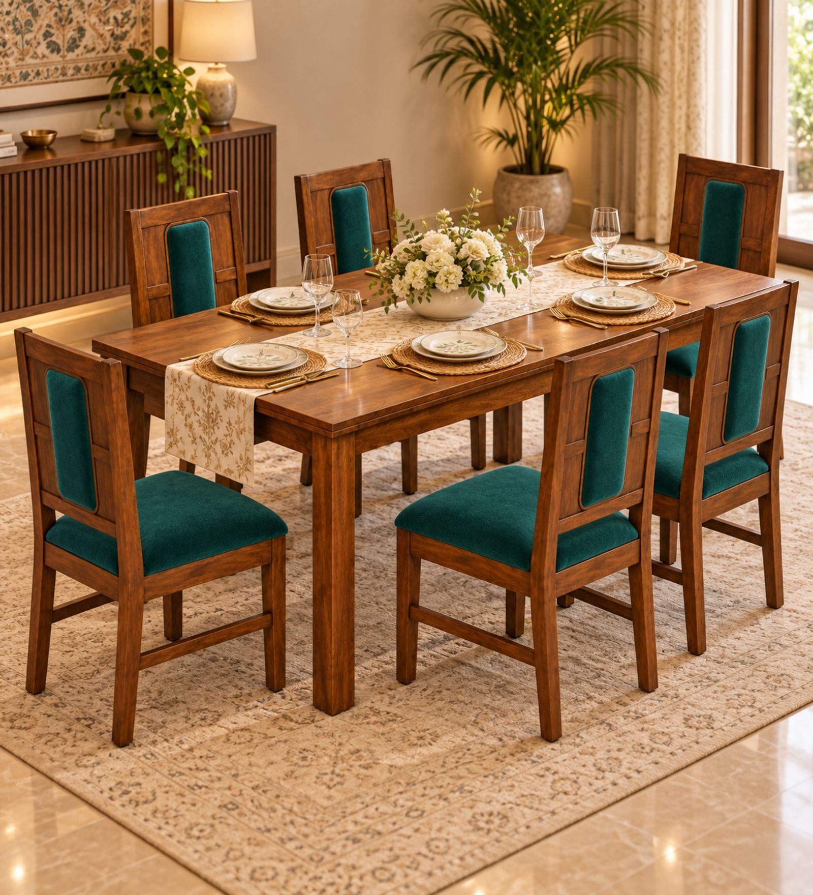 Sutra 6 Seater Dining Set In Provincial Teak Finish With Teal Green Colour Chair Sutra 6 Seater Dining Set In Provincial Teak Finish With Teal Green Colour Chair