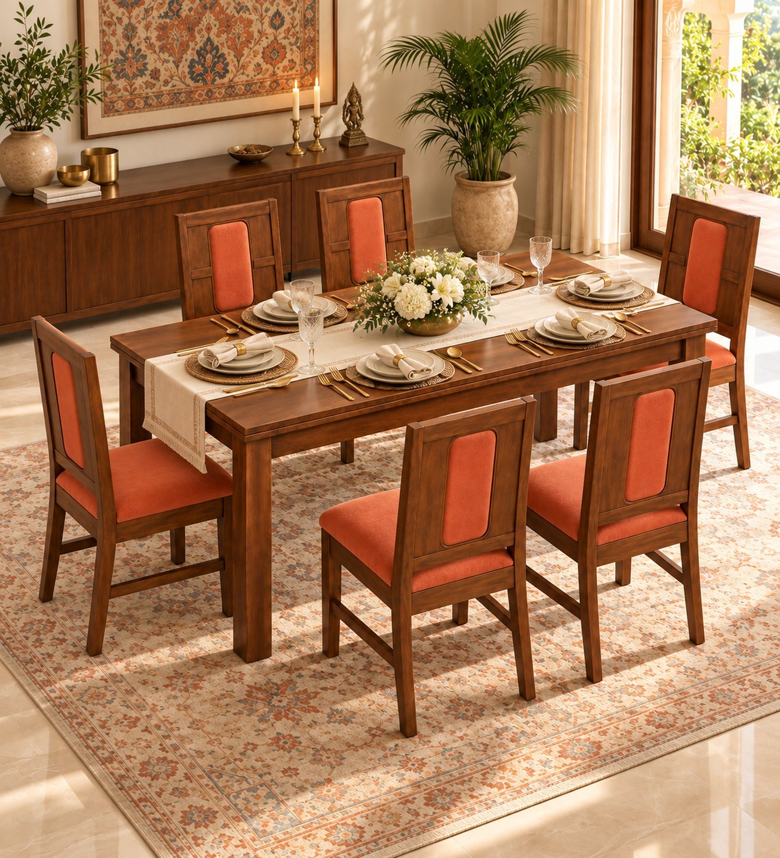 Sutra 6 Seater Dining Set In Provincial Teak Finish With Terracotta Orange Colour Chair Sutra 6 Seater Dining Set In Provincial Teak Finish With Terracotta Orange Colour Chair