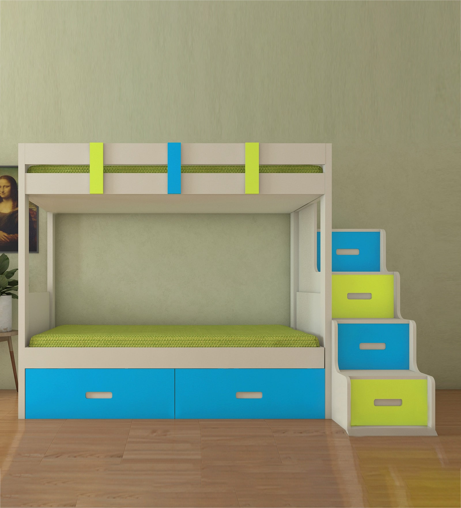 Suvina Bunk Bed in Lime Yellow Azure Blue with Drawer Storage