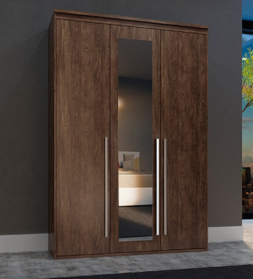 Sumire Three Door Wardrobe With Mirror In Brown Finish By Mintwud