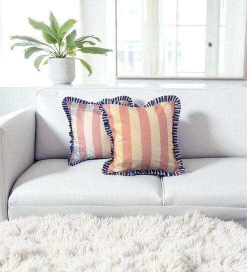 Beige Striped Striped Cotton Ruffle 18x18 inches Cushion Covers Set of 2